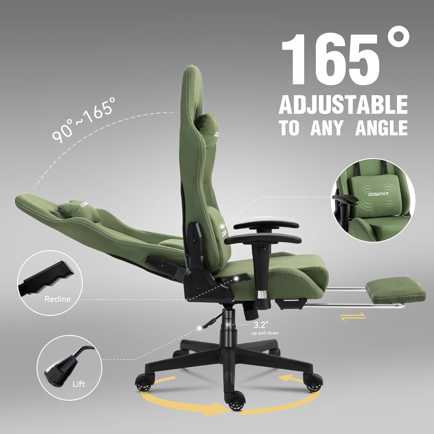 image:imageDowinx Gaming Chair with Massage Lumbar Support Breathable Fabric Ergonomic Computer Chair with Footrest for Adults High Back Reclining Game Chair for Office Gaming Green