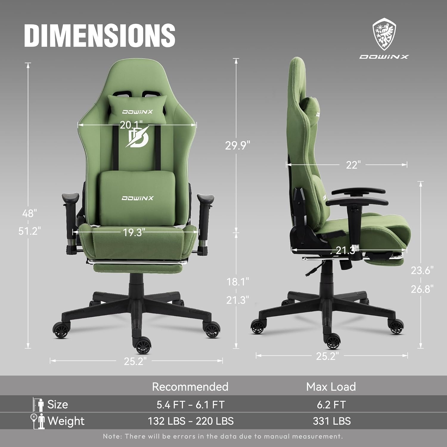 image:imageDowinx Gaming Chair with Massage Lumbar Support Breathable Fabric Ergonomic Computer Chair with Footrest for Adults High Back Reclining Game Chair for Office Gaming Green