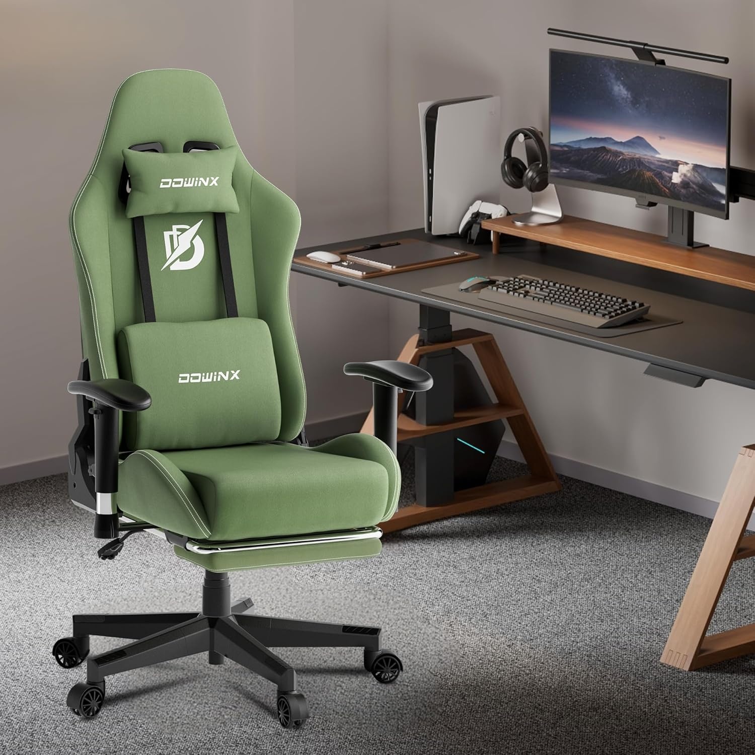 image:imageDowinx Gaming Chair with Massage Lumbar Support Breathable Fabric Ergonomic Computer Chair with Footrest for Adults High Back Reclining Game Chair for Office Gaming Green