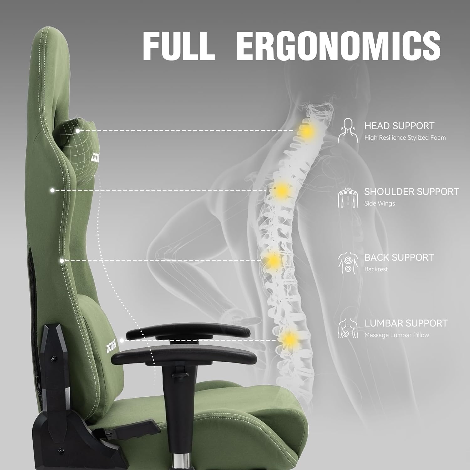 image:imageDowinx Gaming Chair with Massage Lumbar Support Breathable Fabric Ergonomic Computer Chair with Footrest for Adults High Back Reclining Game Chair for Office Gaming Green
