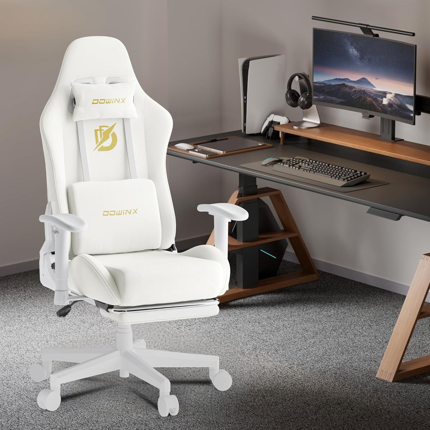 image:imageDowinx Gaming Chair with Massage Lumbar Support Suede Fabric Ergonomic Computer Chair with Footrest for Adults High Back Reclining Game Chair for Office Gaming OffWhite