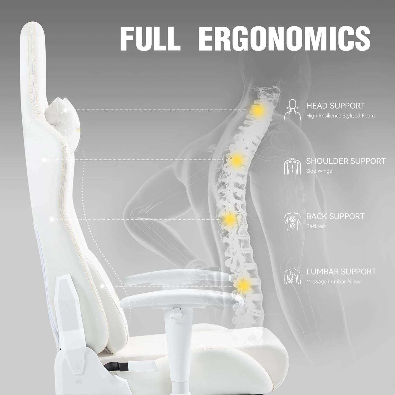 image:imageDowinx Gaming Chair with Massage Lumbar Support Suede Fabric Ergonomic Computer Chair with Footrest for Adults High Back Reclining Game Chair for Office Gaming OffWhite