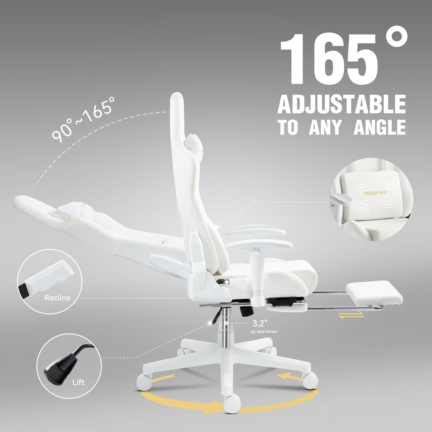 image:imageDowinx Gaming Chair with Massage Lumbar Support Suede Fabric Ergonomic Computer Chair with Footrest for Adults High Back Reclining Game Chair for Office Gaming OffWhite