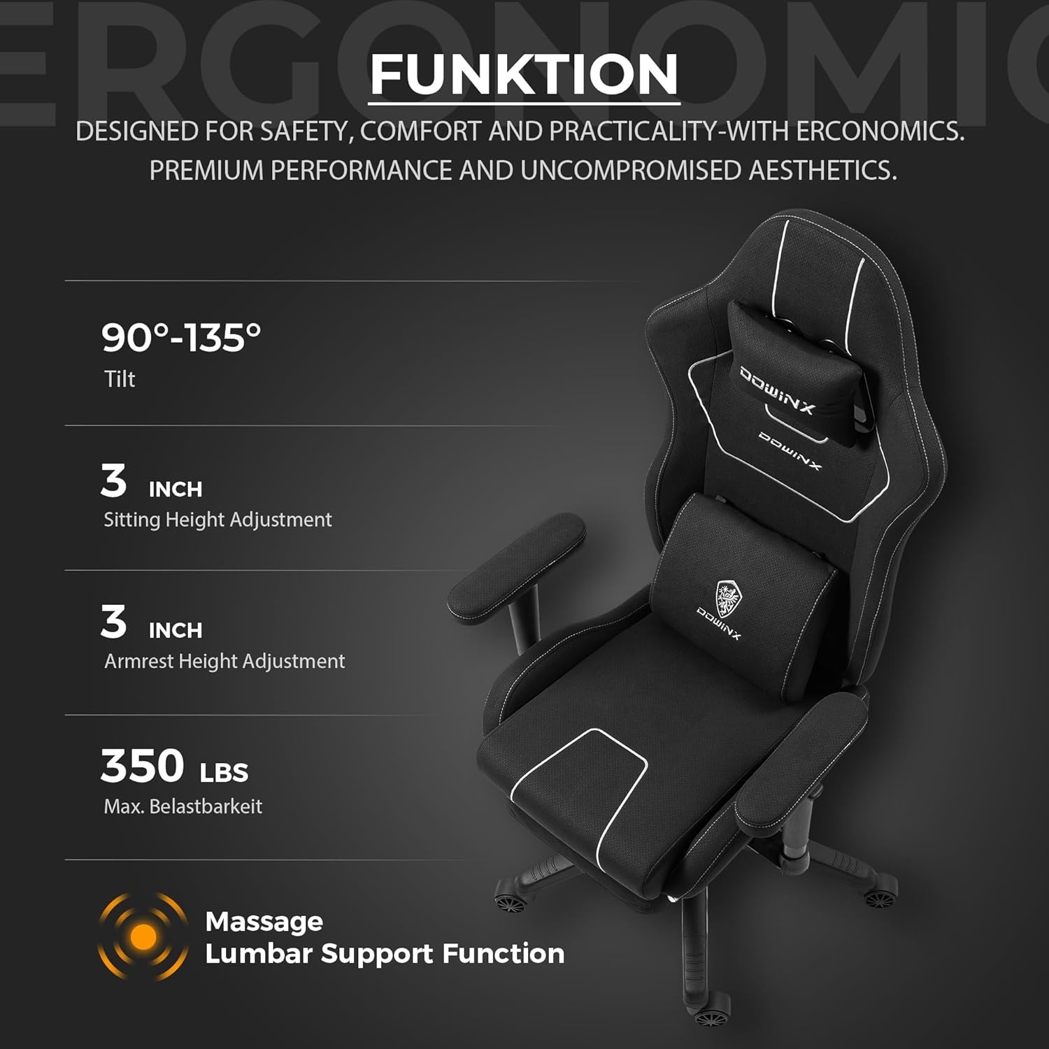 image:imageDowinx Gaming Chair with Pocket Spring Cushion Breathable Fabric Ergonomic Office Chair with Footrest amp Massage Lumbar Support Comfortable Reclining Chair for Long Hours Sitting 350LBS BlackBlack