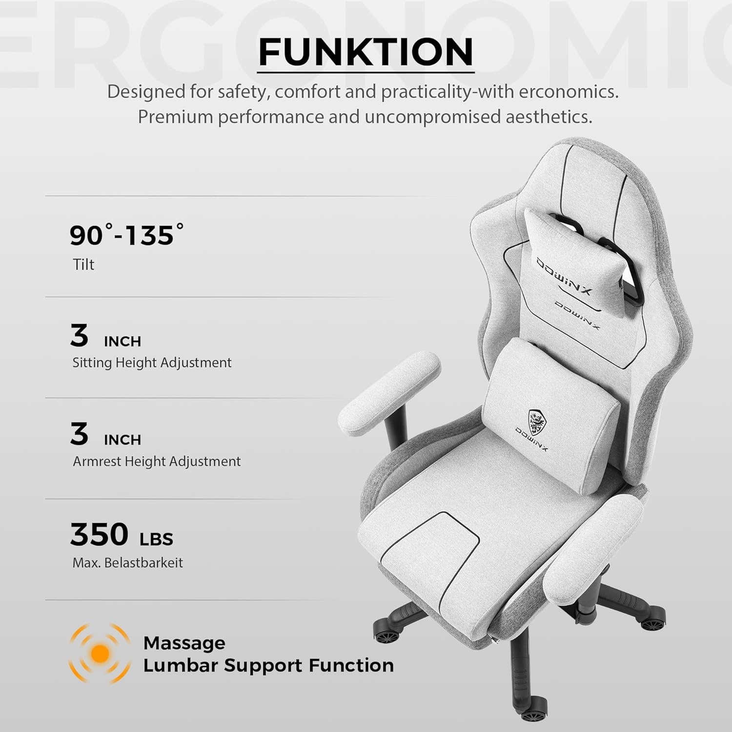 image:imageDowinx Gaming Chair with Pocket Spring Cushion Breathable Fabric Ergonomic Office Chair with Footrest amp Massage Lumbar Support Comfortable Reclining Chair for Long Hours Sitting 350LBS BlackGrey