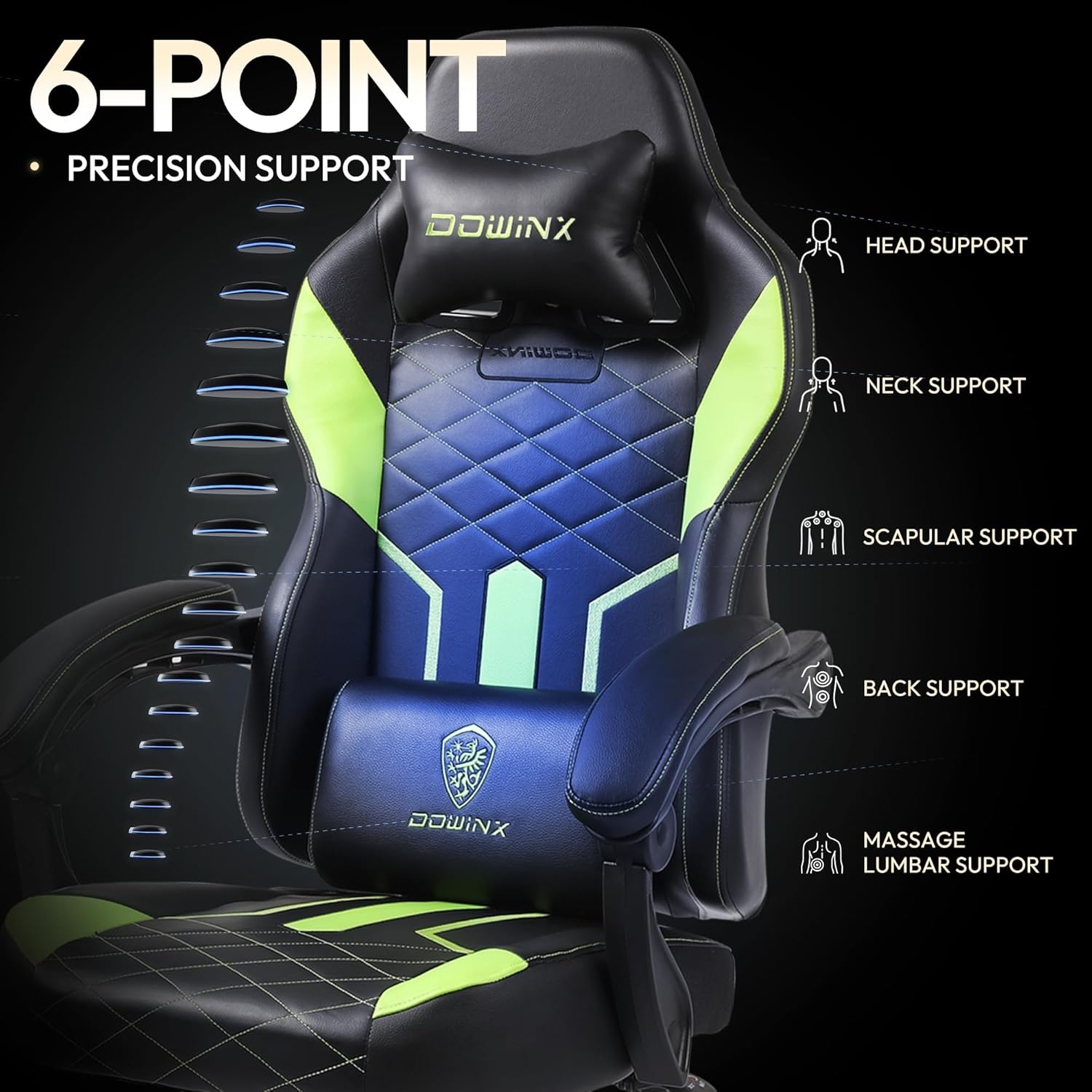 image:imageDowinx Gaming Chair with Pocket Spring Cushion Ergonomic Computer Chair High Back Reclining Game Chair Pu Leather 350LBS Green