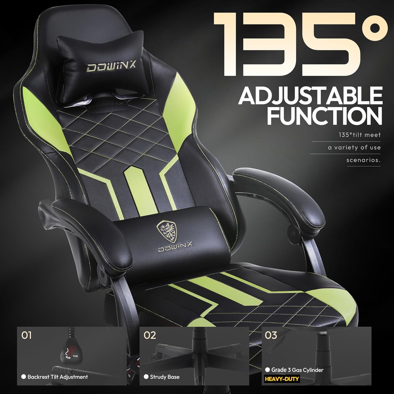 image:imageDowinx Gaming Chair with Pocket Spring Cushion Ergonomic Computer Chair High Back Reclining Game Chair Pu Leather 350LBS Green