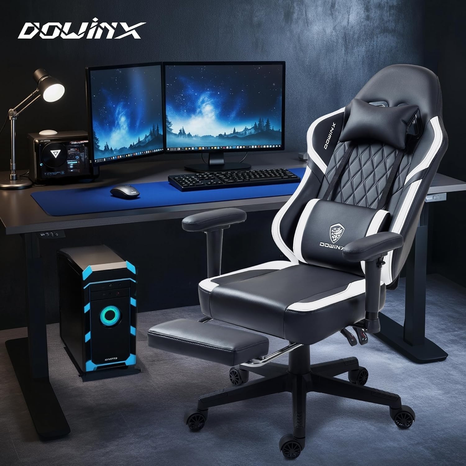 image:imageDowinx Gaming Chair with Pocket Spring Cushion Massage Gamer Chair Pu Leather with Lumbar Support Ergonomic Computer Office with Footrest 300lbs for Adult Black White