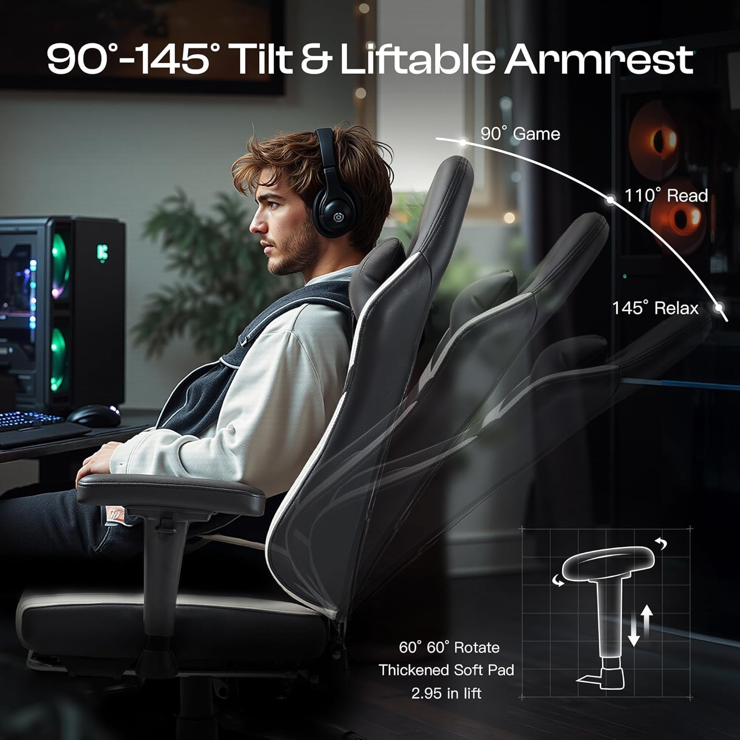 image:imageDowinx Gaming Chair with Pocket Spring Cushion Massage Gamer Chair Pu Leather with Lumbar Support Ergonomic Computer Office with Footrest 300lbs for Adult Black White