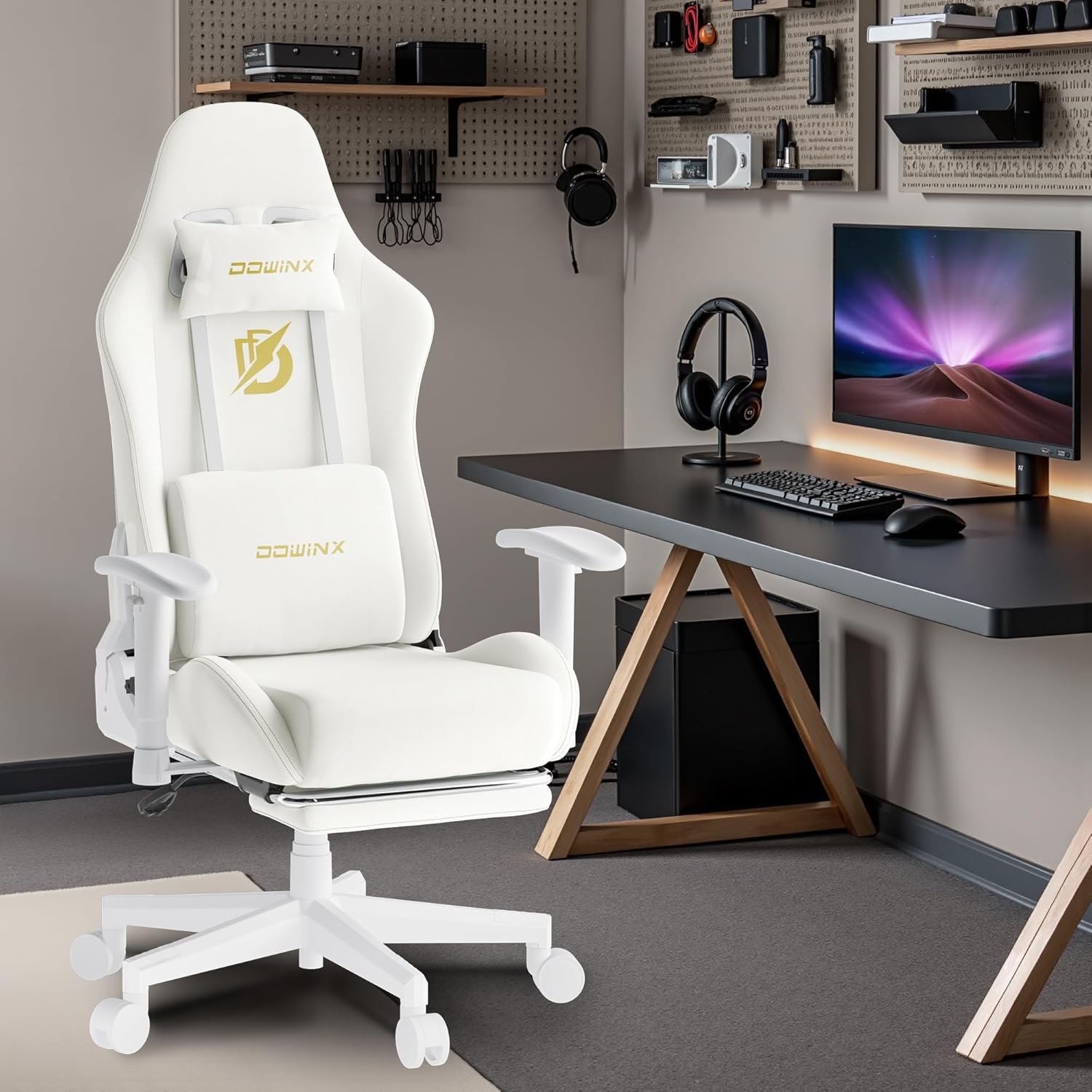 image:imageDowinx Gaming Chair with Suede Fabric Ergonomic Computer Chair with Massage Lumbar Support and Footrest High Back Reclining Game Office Chair for Adults Ivory