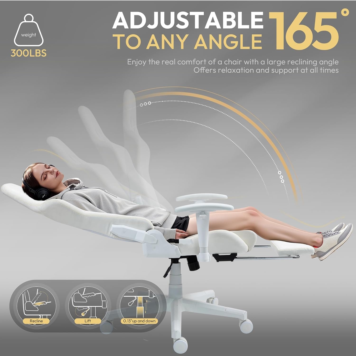 image:imageDowinx Gaming Chair with Suede Fabric Ergonomic Computer Chair with Massage Lumbar Support and Footrest High Back Reclining Game Office Chair for Adults Ivory