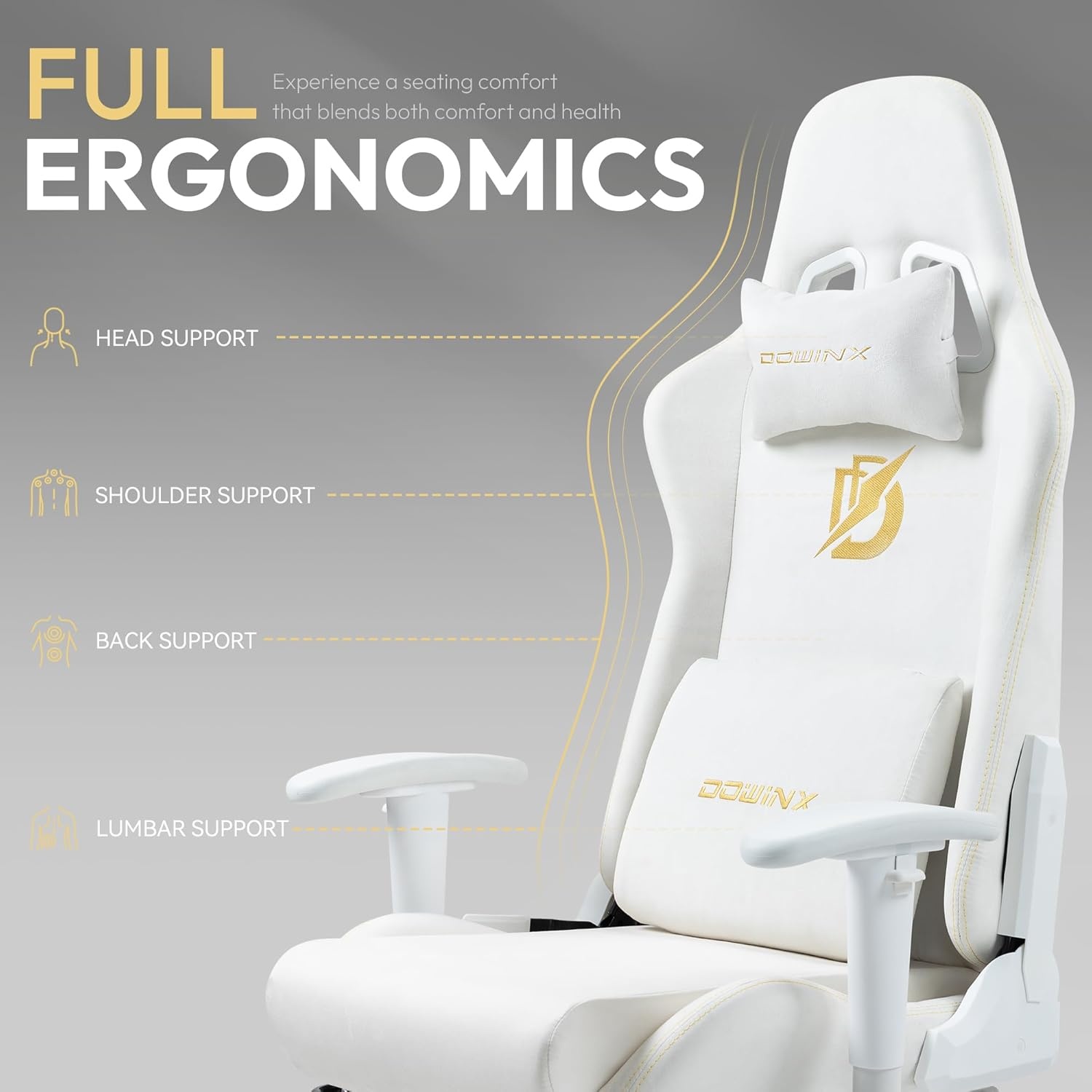 image:imageDowinx Gaming Chair with Suede Fabric Ergonomic Computer Chair with Massage Lumbar Support and Footrest High Back Reclining Game Office Chair for Adults Ivory