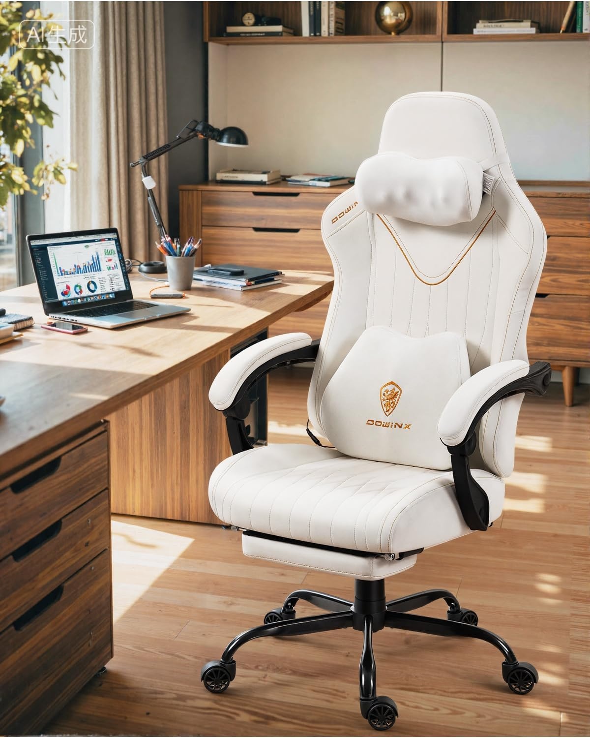 image:imageDowinx Gaming Video Gaming Chair with Shiatsu Neck Massage and Lumbar Support for Home Office High Back Recliner Height Adjustable Ergonomic Comfy Leather Computer Desk Chair BlackIvory