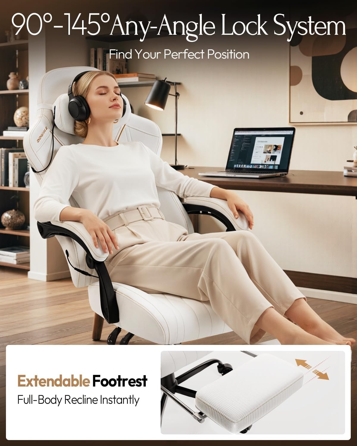 image:imageDowinx Gaming Video Gaming Chair with Shiatsu Neck Massage and Lumbar Support for Home Office High Back Recliner Height Adjustable Ergonomic Comfy Leather Computer Desk Chair BlackIvory