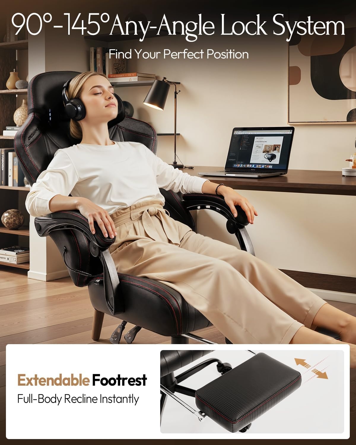 image:imageDowinx Gaming Video Gaming Chair with Shiatsu Neck Massage and Lumbar Support for Home Office High Back Recliner Height Adjustable Ergonomic Comfy Leather Computer Desk Chair BlackBlack