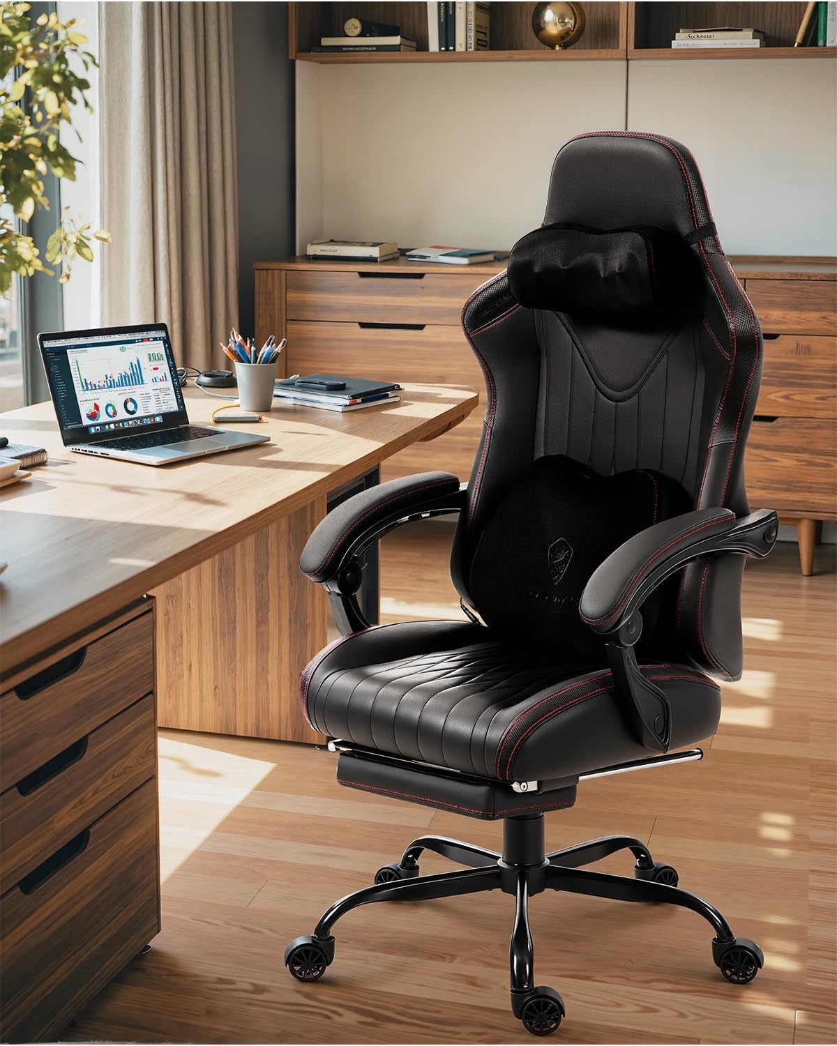 image:imageDowinx Gaming Video Gaming Chair with Shiatsu Neck Massage and Lumbar Support for Home Office High Back Recliner Height Adjustable Ergonomic Comfy Leather Computer Desk Chair BlackBlack