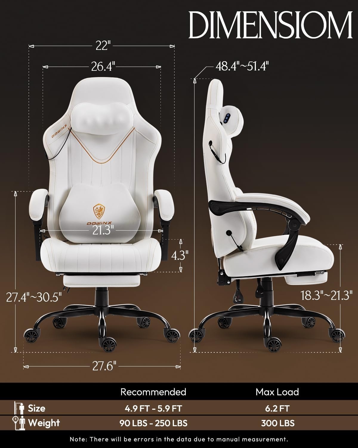 image:imageDowinx Gaming Video Gaming Chair with Shiatsu Neck Massage and Lumbar Support for Home Office High Back Recliner Height Adjustable Ergonomic Comfy Leather Computer Desk Chair BlackIvory