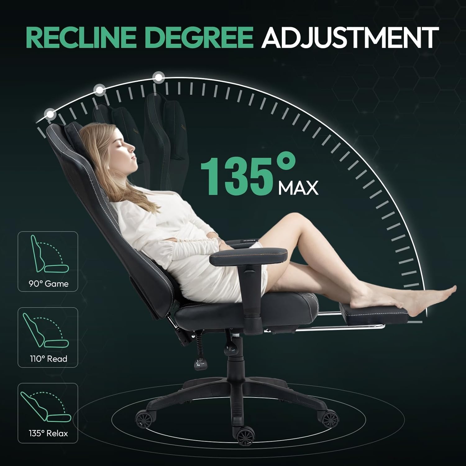 image:imageDowinx Heated Massage Gaming Chair for Adults Ergonomic Gamer Chair with SofaGrade Pocket Spring Cushion and with Lumbar Support Reclining Computer Chair with Adjustable Footrest Black Green