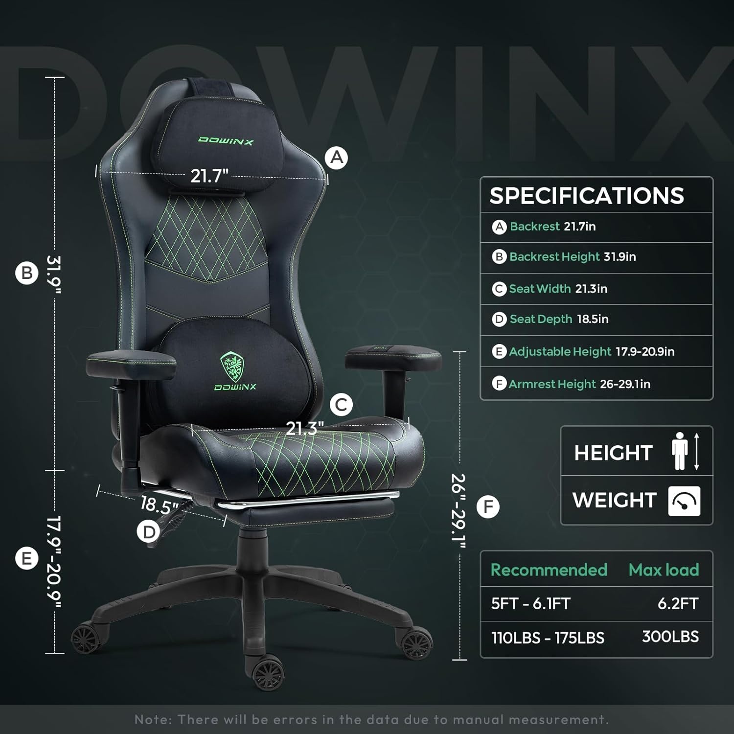 image:imageDowinx Heated Massage Gaming Chair for Adults Ergonomic Gamer Chair with SofaGrade Pocket Spring Cushion and with Lumbar Support Reclining Computer Chair with Adjustable Footrest Black Green