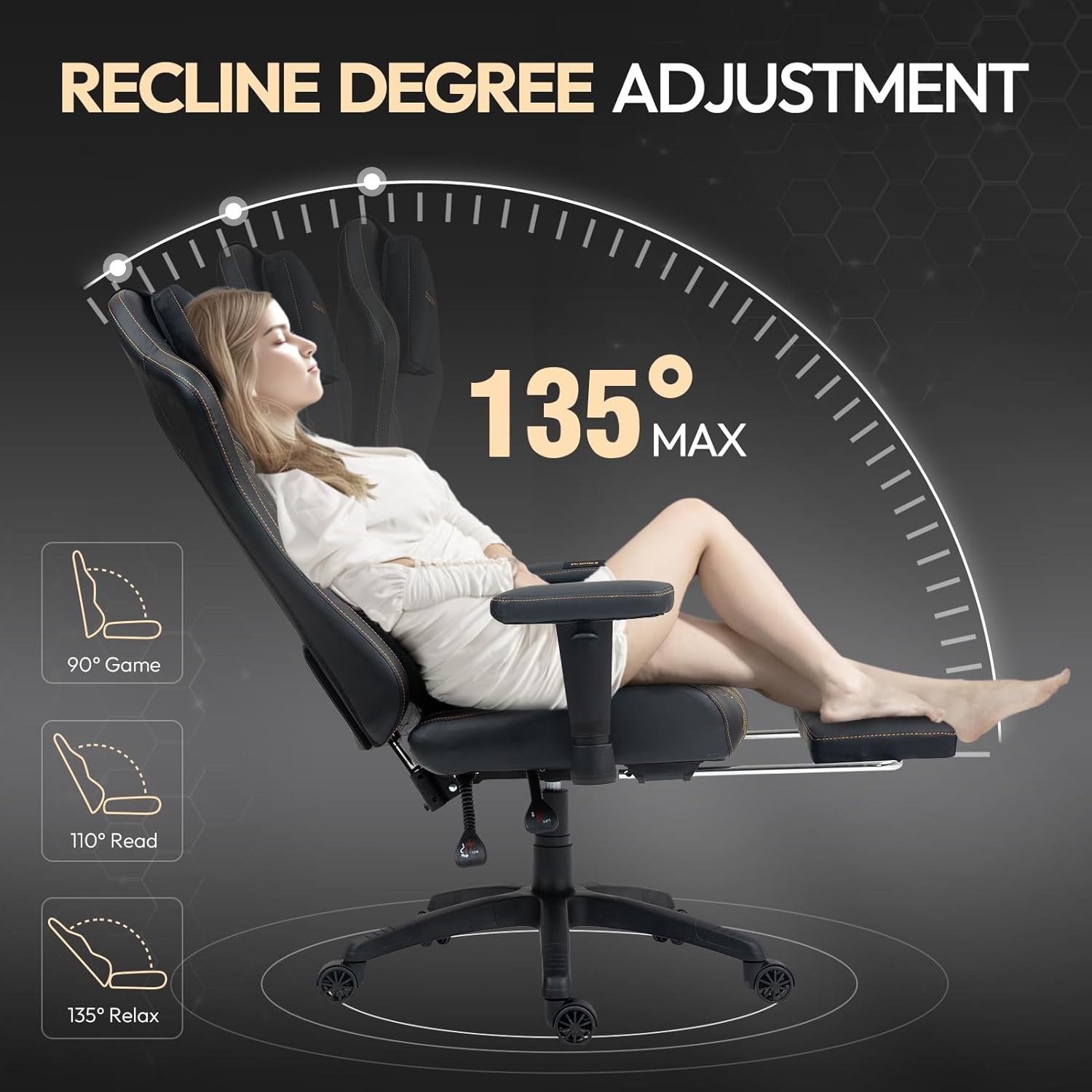 image:imageDowinx Heated Massage Gaming Chair for Adults Ergonomic Gamer Chair with SofaGrade Pocket Spring Cushion and with Lumbar Support Reclining Computer Chair with Adjustable Footrest Black Gold