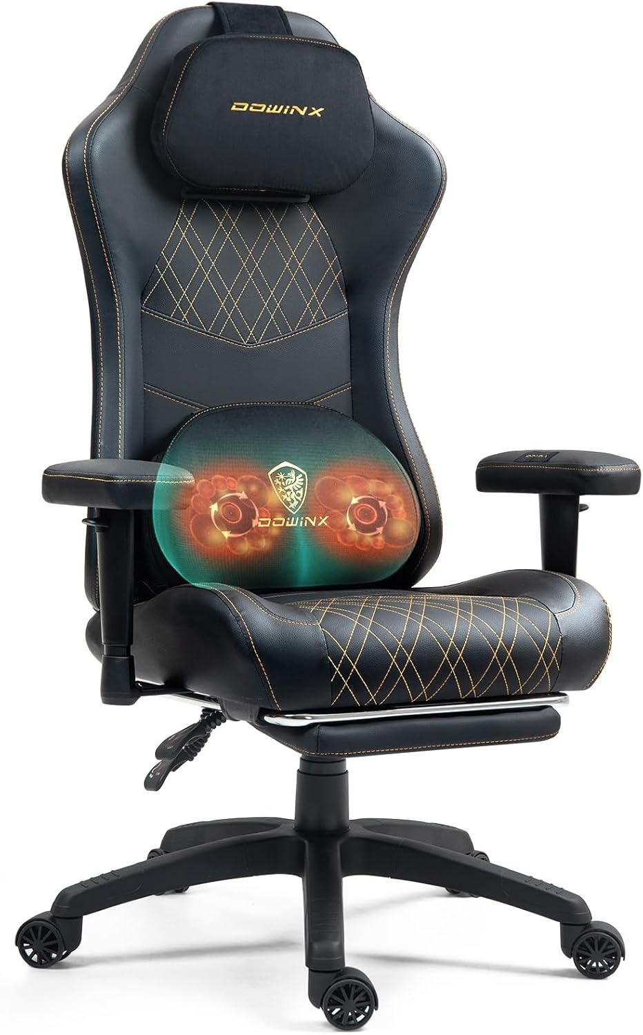 image:imageDowinx Heated Massage Gaming Chair for Adults Ergonomic Gamer Chair with SofaGrade Pocket Spring Cushion and with Lumbar Support Reclining Computer Chair with Adjustable Footrest Black Gold