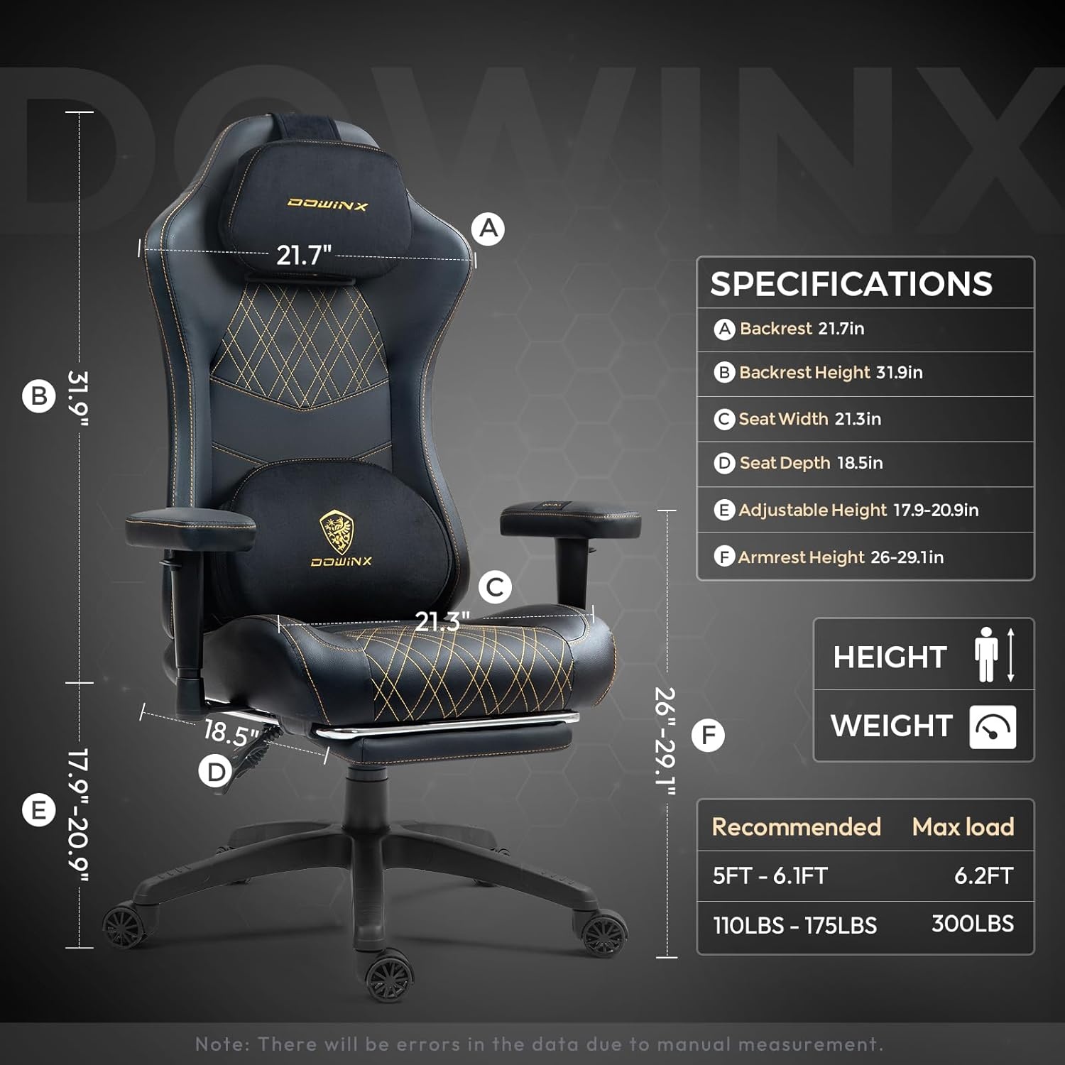 image:imageDowinx Heated Massage Gaming Chair for Adults Ergonomic Gamer Chair with SofaGrade Pocket Spring Cushion and with Lumbar Support Reclining Computer Chair with Adjustable Footrest Black Gold