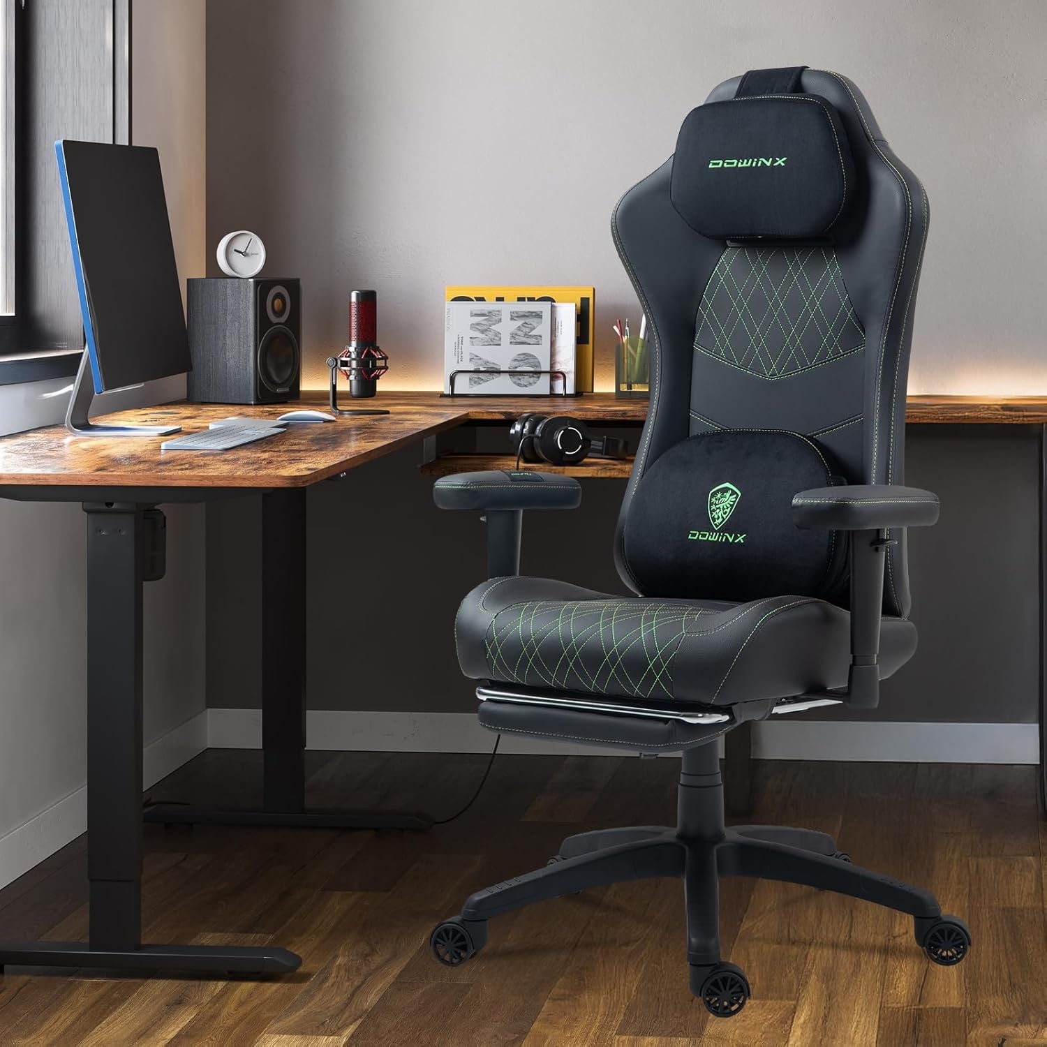 image:imageDowinx Heated Massage Gaming Chair for Adults Ergonomic Gamer Chair with SofaGrade Pocket Spring Cushion and with Lumbar Support Reclining Computer Chair with Adjustable Footrest Black Green