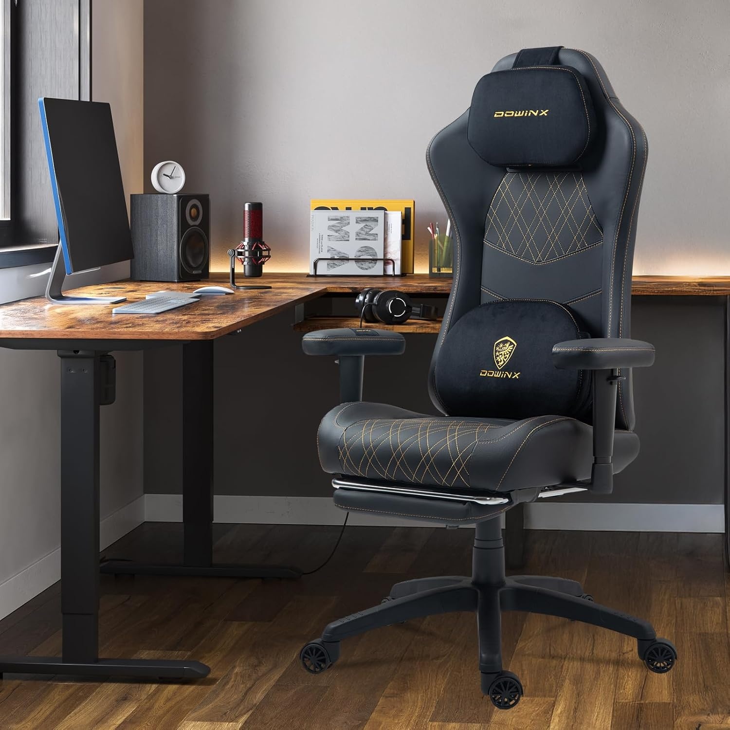 image:imageDowinx Heated Massage Gaming Chair for Adults Ergonomic Gamer Chair with SofaGrade Pocket Spring Cushion and with Lumbar Support Reclining Computer Chair with Adjustable Footrest Black Gold