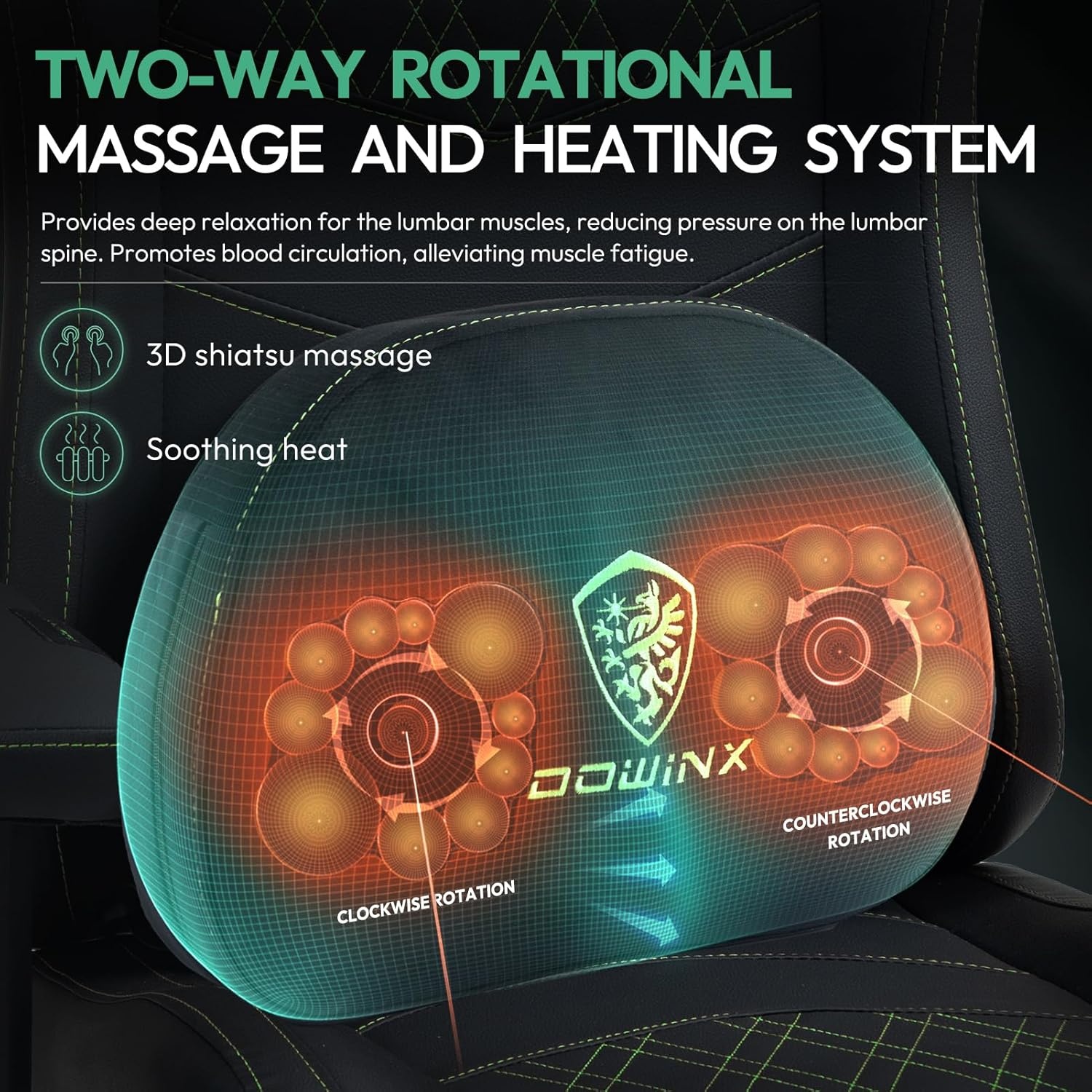 image:imageDowinx Heated Massage Gaming Chair for Adults Ergonomic Gamer Chair with SofaGrade Pocket Spring Cushion and with Lumbar Support Reclining Computer Chair with Adjustable Footrest Black Green