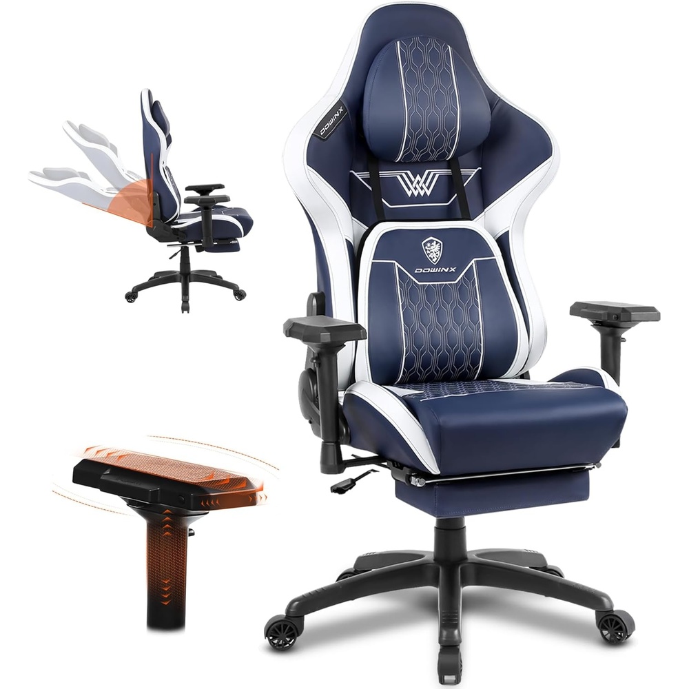 image:imageDowinx Big and Tall Gaming Chair with Footrest High Back Ergonomic Office Chair with Comfortable Headrest and Lumbar Support 4D Armrests Computer Chair for Adults Pu Leather Blue