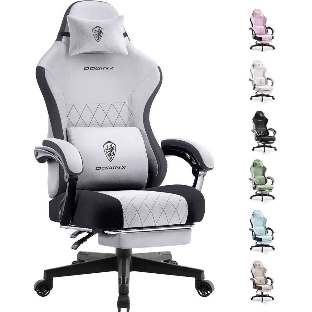 image:imageDowinx Fabric Gaming Chair Ergonomic Computer Chair with Footrest and Pocket Spring Cushion Height Adjustable Video Gamer Chair with Lumbar Support for Adults White Grey