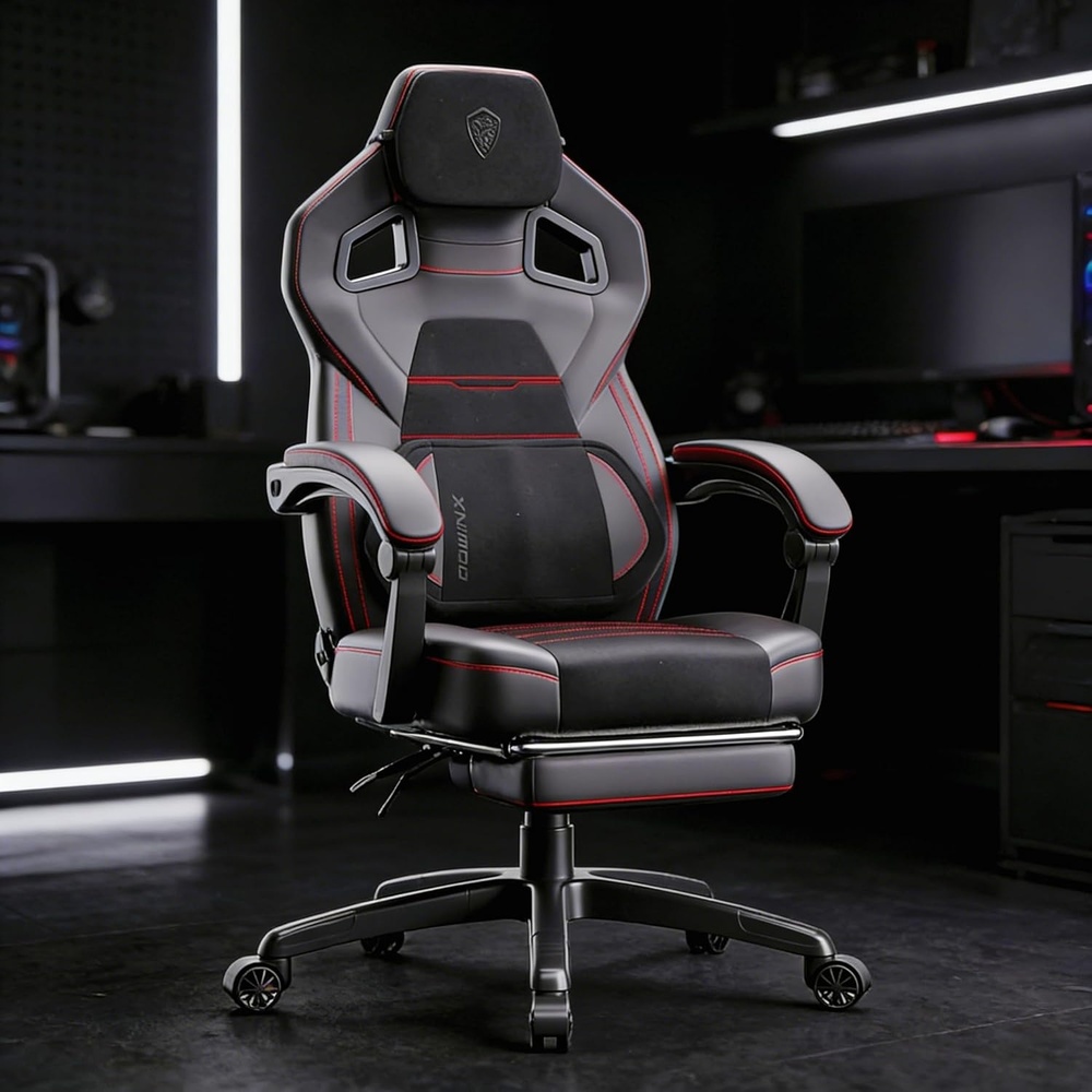 image:imageDowinx Fabric Gaming Chair with Footrest 350lb Big and Tall Gamer Chair Wide Seat Ergonomic Computer Chair with Lumbar Massage Support Wide Back Office Chair for Heavy People BlackDeep Black