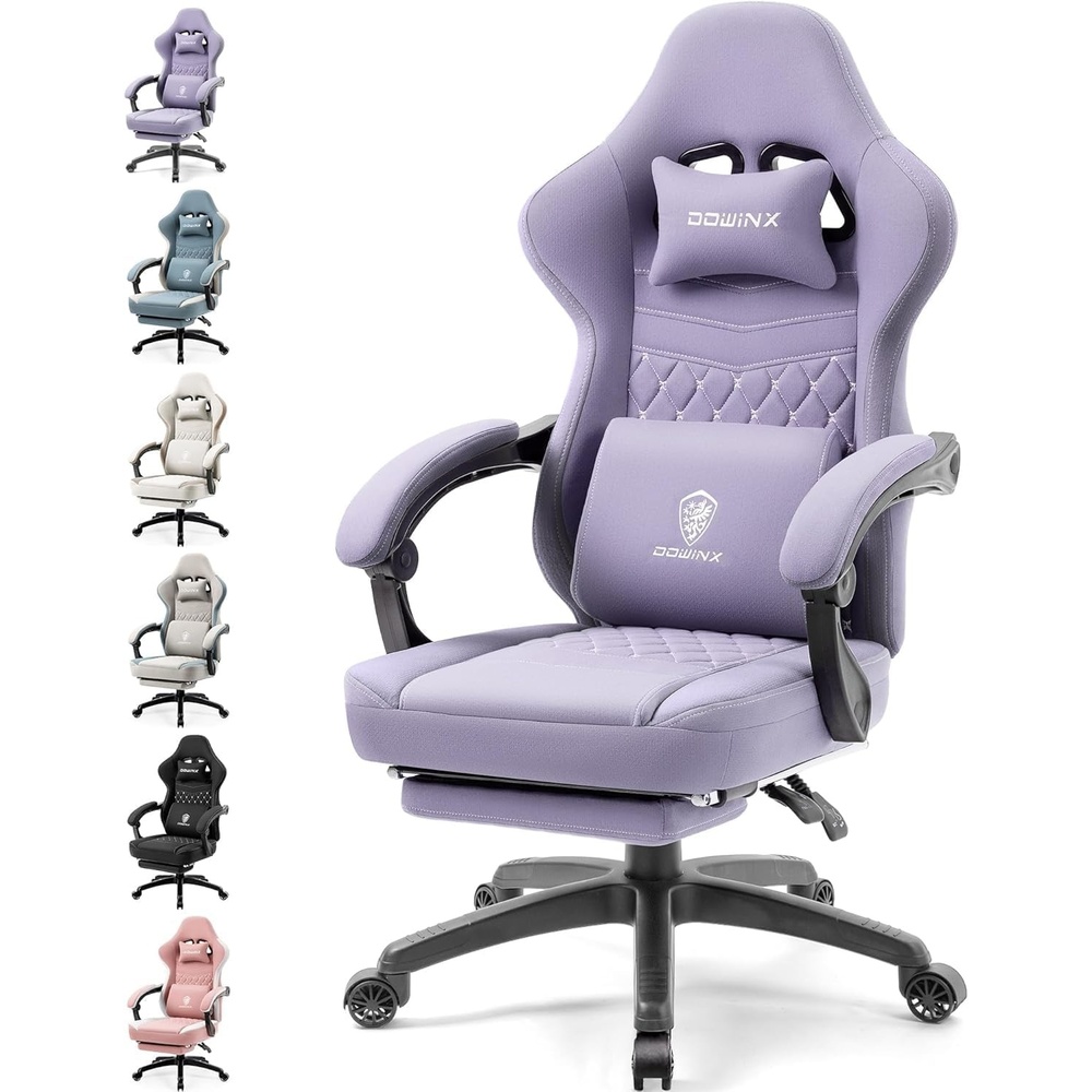 image:imageDowinx Gaming Chair Breathable Fabric Game Chair with Gel Pad and Storage Bag Comfortable Gamer Chair with Pocket Spring Cushion Ergonomic Computer Chair with Footrest GreenPurple