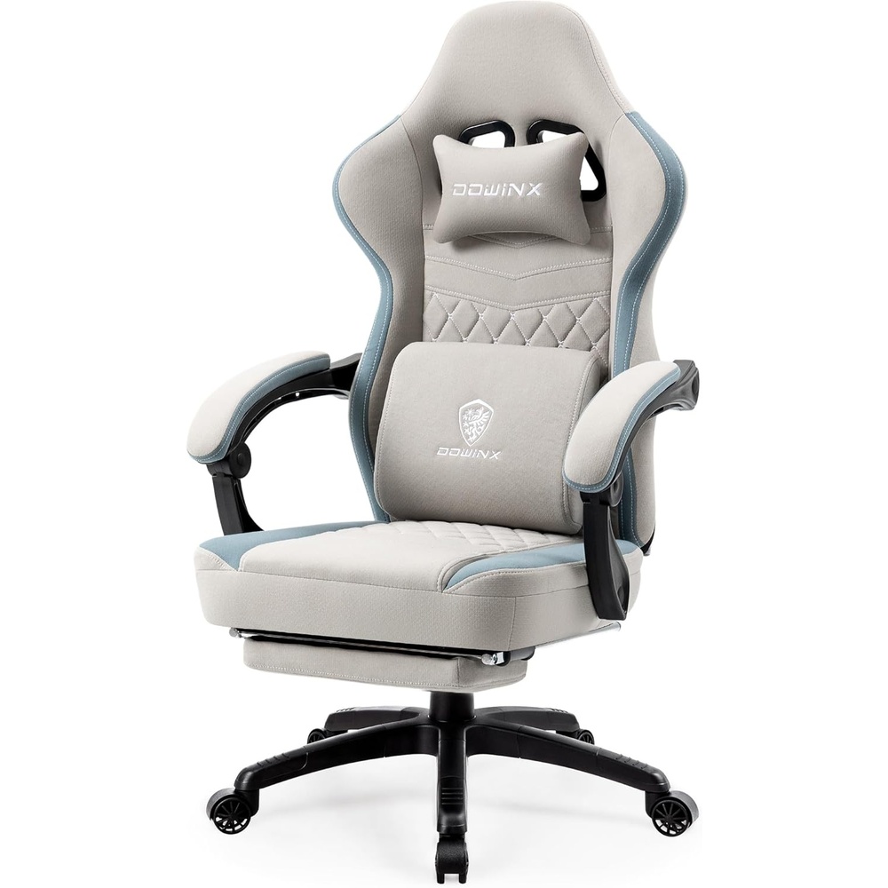 image:imageDowinx Gaming Chair Breathable Fabric Game Chair with Gel Pad and Storage Bag Comfortable Gamer Chair with Pocket Spring Cushion Ergonomic Computer Chair with Footrest GreenGrey