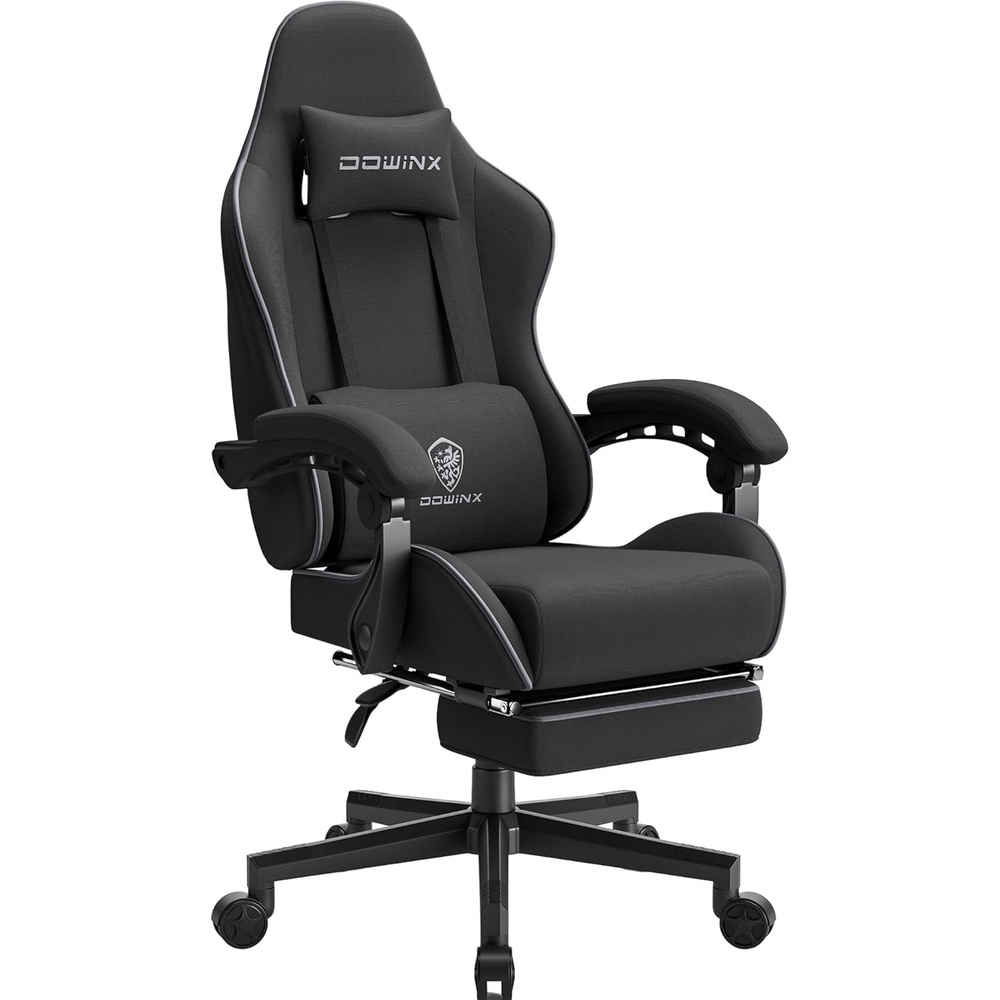 image:imageDowinx Gaming Chair Fabric with Pocket Spring Cushion Massage Game Chair Cloth with Headrest Ergonomic Computer Chair with Footrest 290LBS GreyBlack