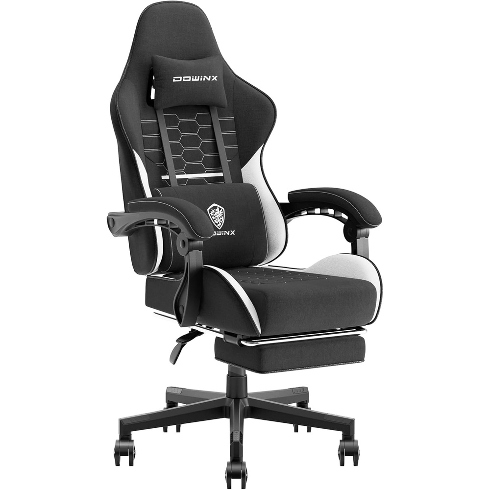 image:imageDowinx Gaming Chair Fabric with Pocket Spring Cushion Massage Game Chair Cloth with Headrest Ergonomic Computer Chair with Footrest 290LBS GreyBlack White