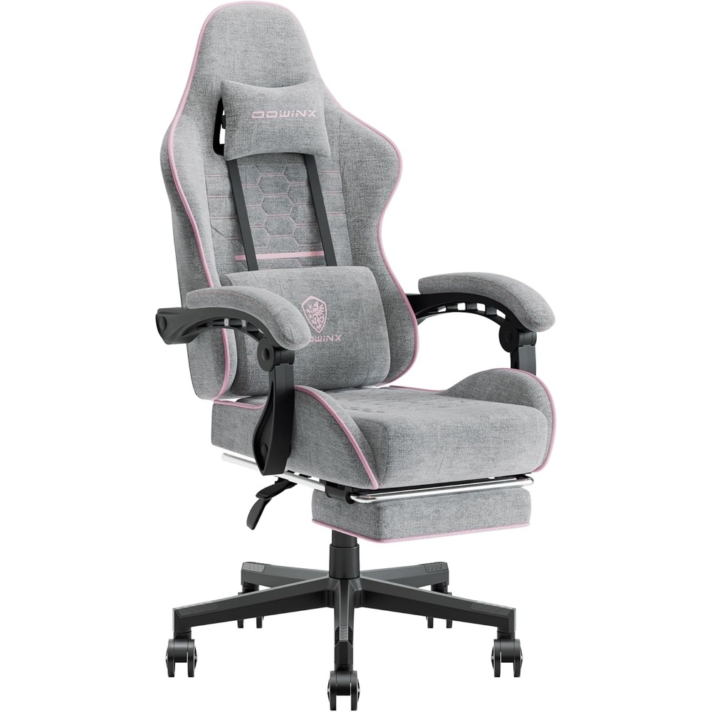 image:imageDowinx Gaming Chair Fabric with Pocket Spring Cushion Massage Game Chair Cloth with Headrest Ergonomic Computer Chair with Footrest 290LBS GreyPink