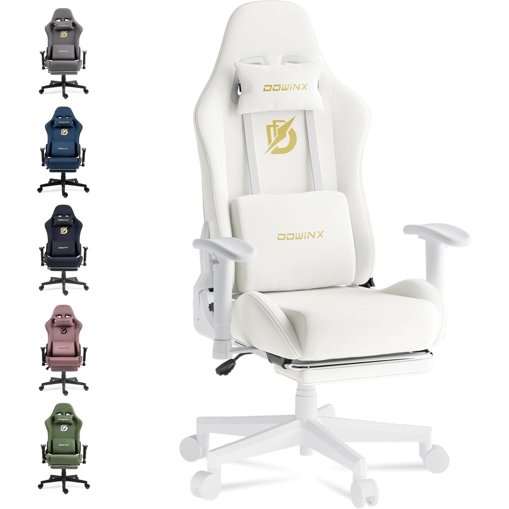 image:imageDowinx Gaming Chair with Massage Lumbar Support Suede Fabric Ergonomic Computer Chair with Footrest for Adults High Back Reclining Game Chair for Office Gaming OffWhite