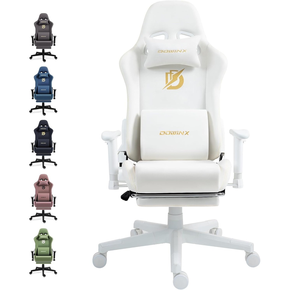 image:imageDowinx Gaming Chair with Suede Fabric Ergonomic Computer Chair with Massage Lumbar Support and Footrest High Back Reclining Game Office Chair for Adults Ivory