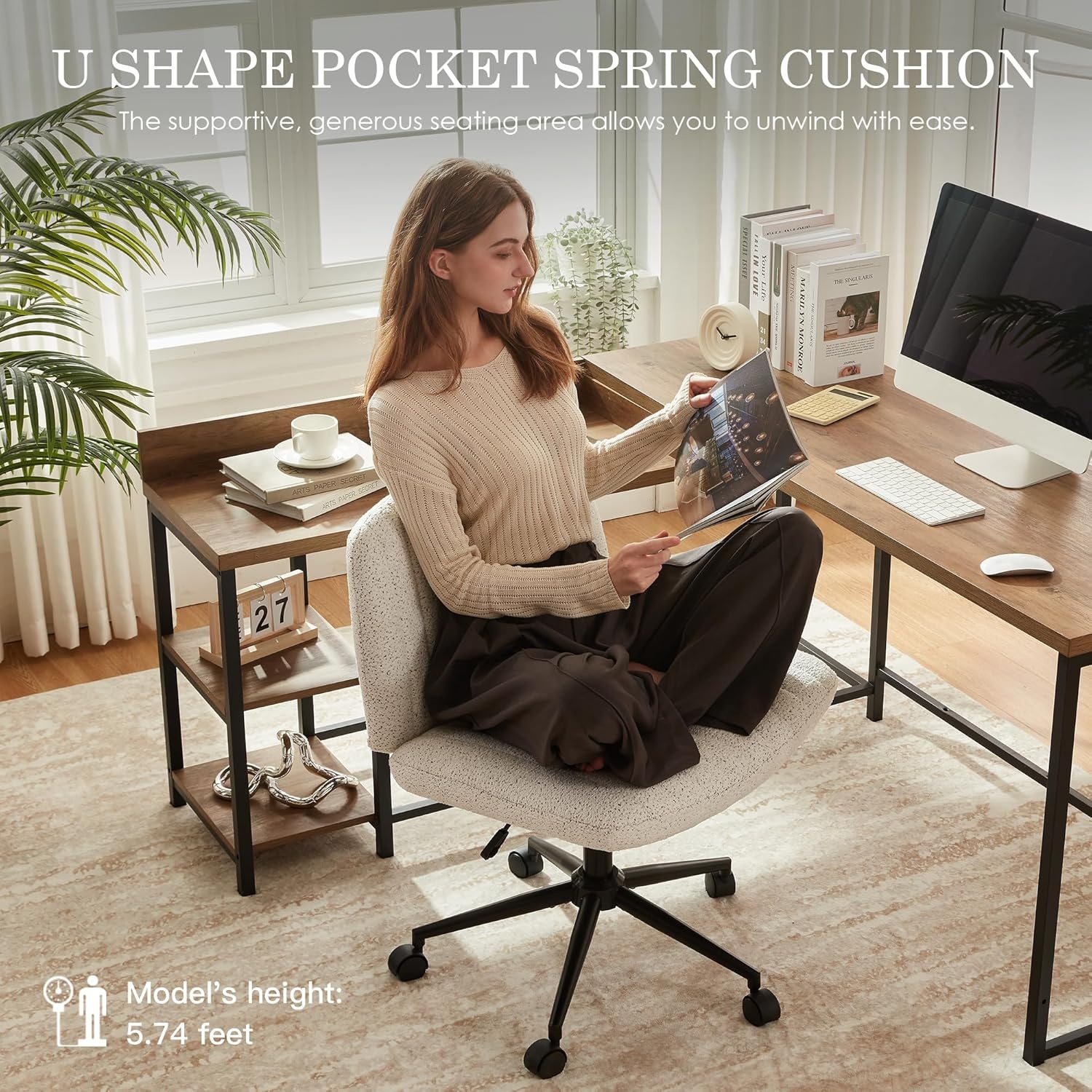 image:imageDowinx Criss Cross Chair with Wheels Preminum Fabric and Pocket Spring Cushion Adjustable Swivel Wide Seat Computer Chair Morden Design Vanity Chair WhiteConfetti White