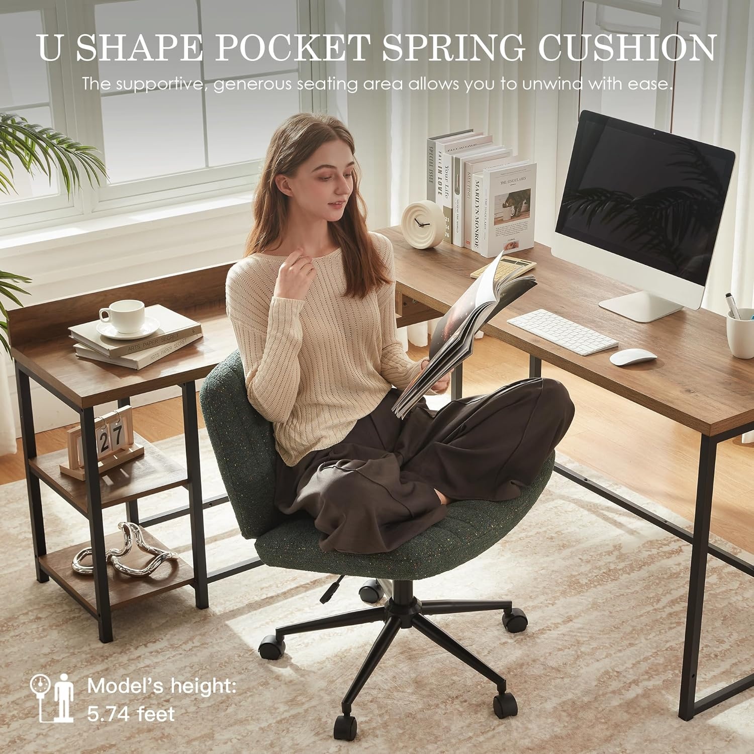 image:imageDowinx Criss Cross Chair with Wheels Preminum Fabric and Pocket Spring Cushion Adjustable Swivel Wide Seat Computer Chair Morden Design Vanity Chair WhiteEnchanted Forest Green