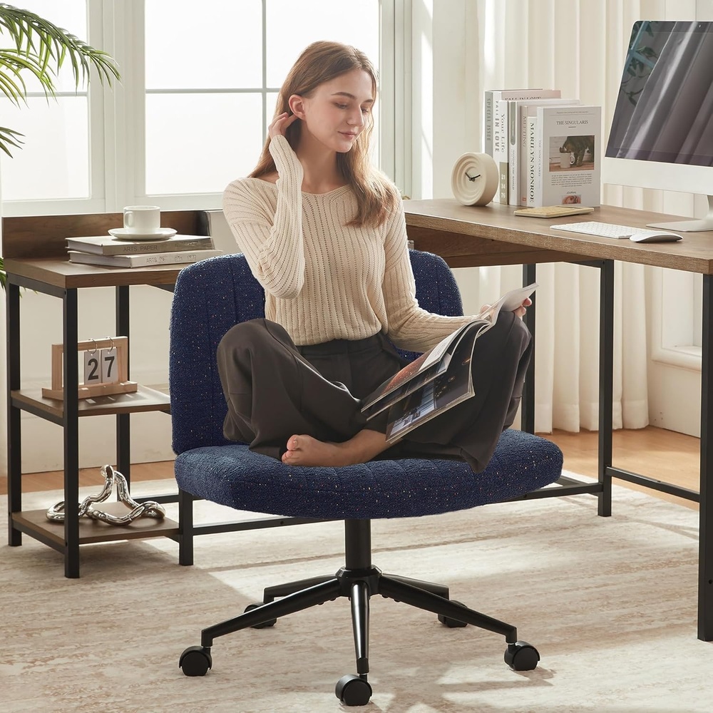 image:imageDowinx Criss Cross Chair with Wheels Preminum Fabric and Pocket Spring Cushion Adjustable Swivel Wide Seat Computer Chair Morden Design Vanity Chair WhiteStarry Night Blue