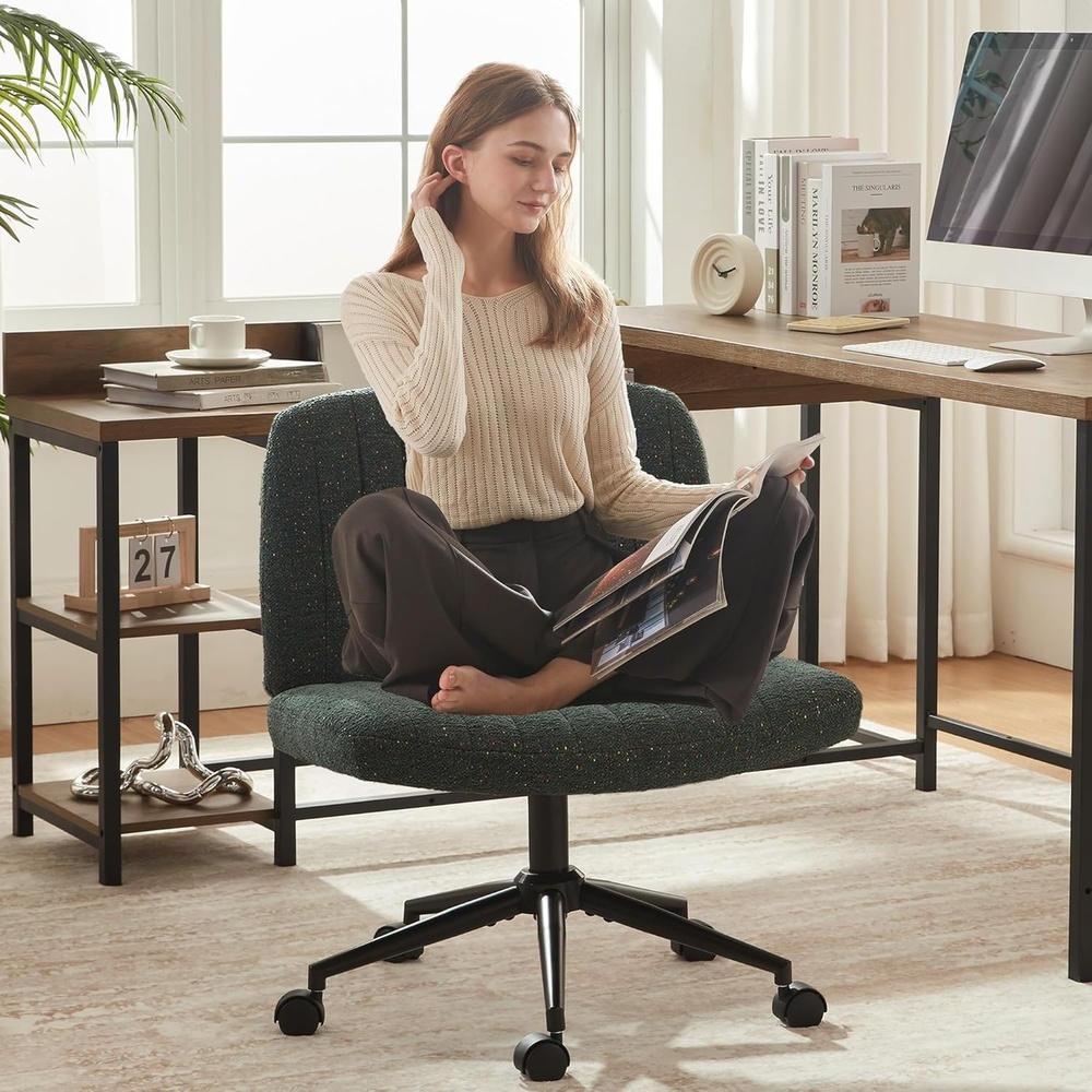 image:imageDowinx Criss Cross Chair with Wheels Preminum Fabric and Pocket Spring Cushion Adjustable Swivel Wide Seat Computer Chair Morden Design Vanity Chair WhiteEnchanted Forest Green