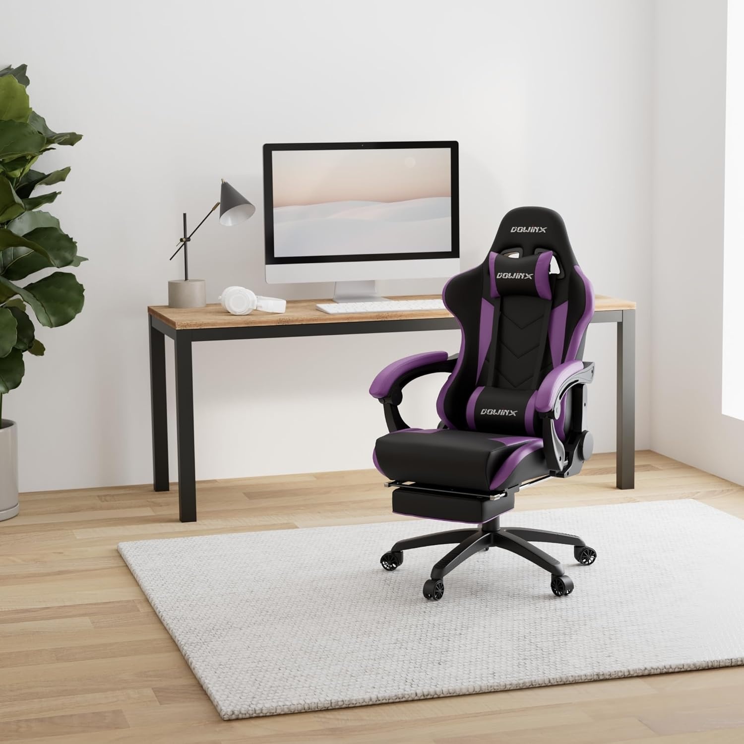 image:imageDowinx Gaming Chair Ergonomic Racing Style Recliner with Massage Lumbar Support Office Armchair for Computer PU Leather ESports Gamer Chairs with Footrest BlackampPurple