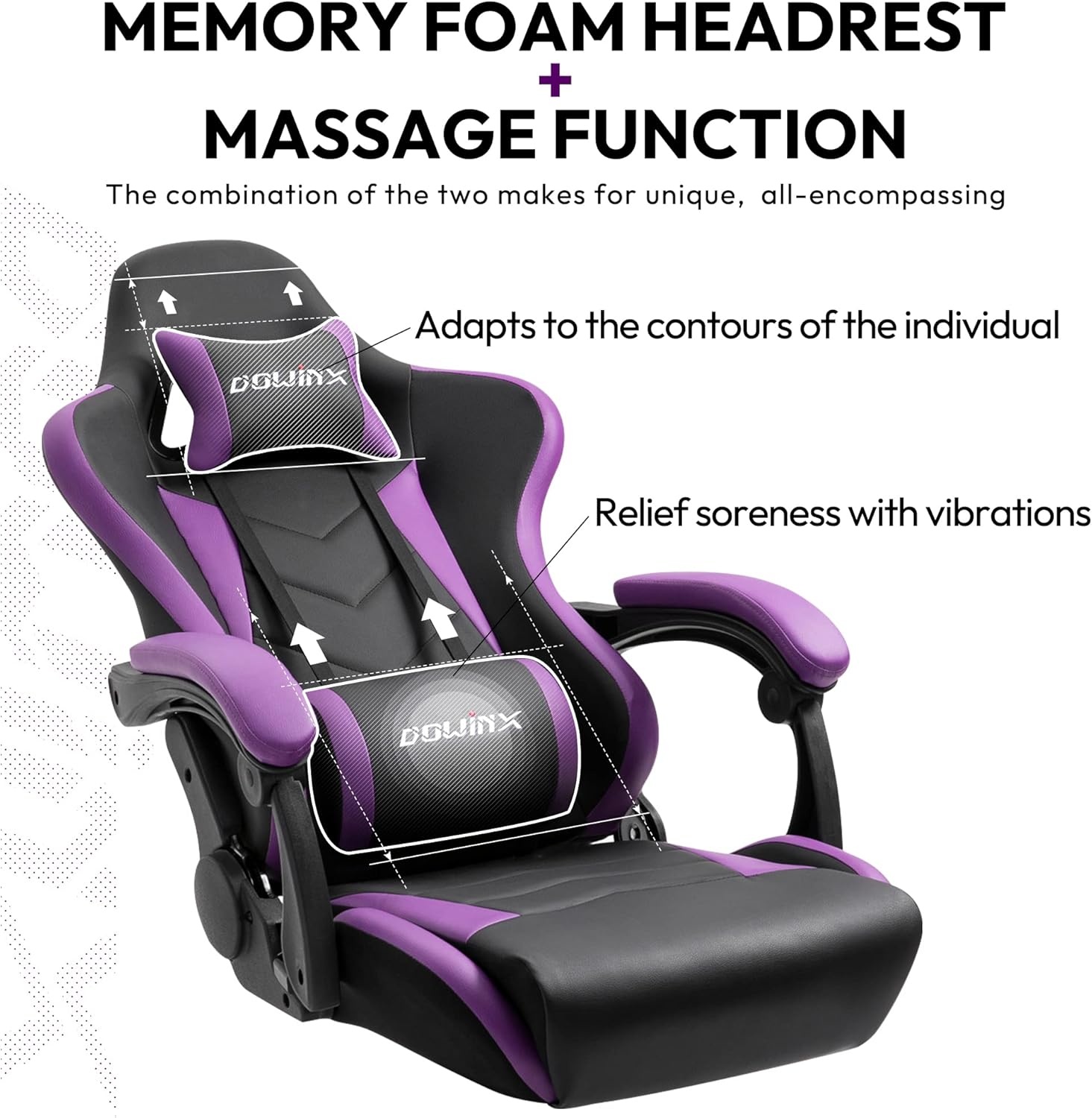 image:imageDowinx Gaming Chair Ergonomic Racing Style Recliner with Massage Lumbar Support Office Armchair for Computer PU Leather ESports Gamer Chairs with Footrest BlackampPurple