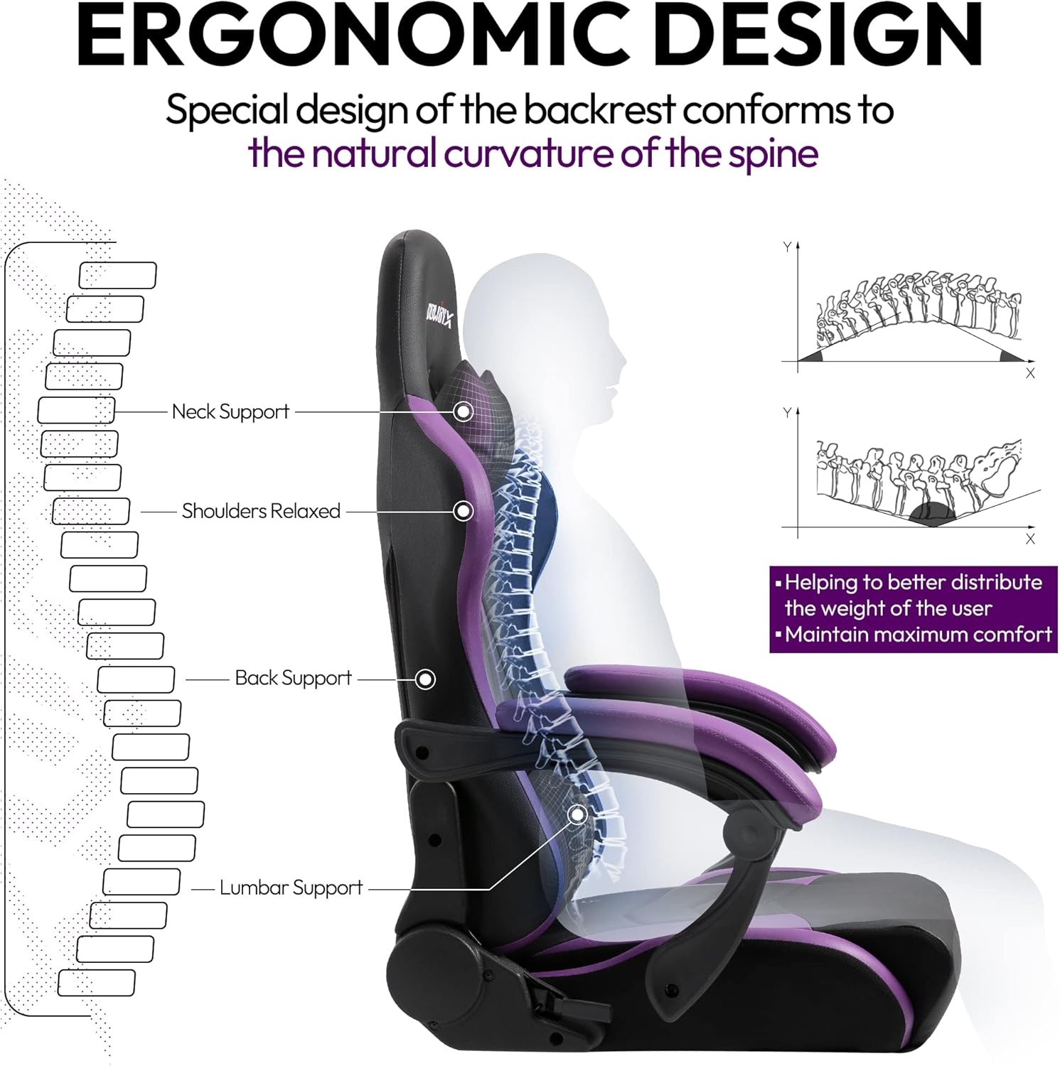 image:imageDowinx Gaming Chair Ergonomic Racing Style Recliner with Massage Lumbar Support Office Armchair for Computer PU Leather ESports Gamer Chairs with Footrest BlackampPurple