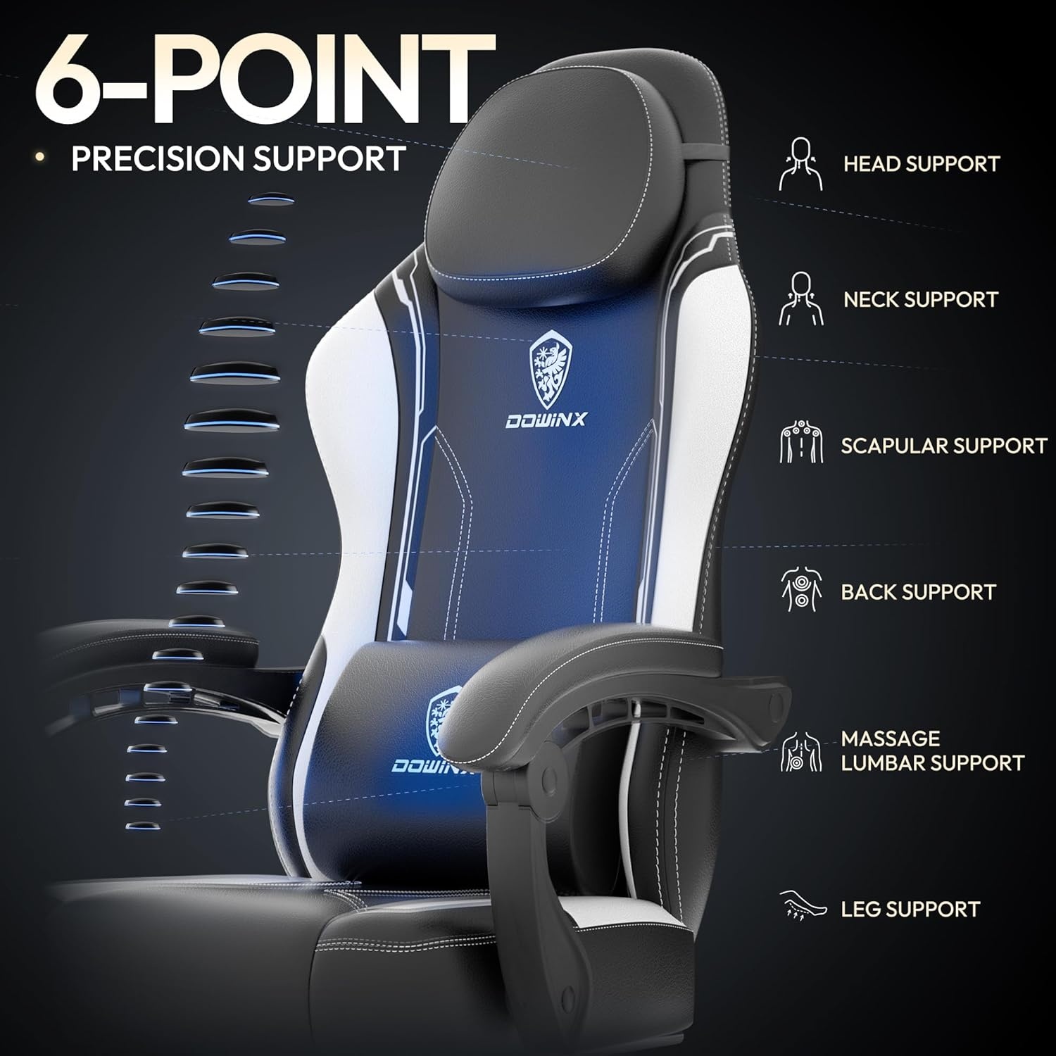 image:imageDowinx Gaming Chair with Pocket Spring Cushion for Adults Ergonomic Computer Chair with Footrest and Massage Lumbar Support High Back Leather Game Chair for Office Gaming 300LBS White