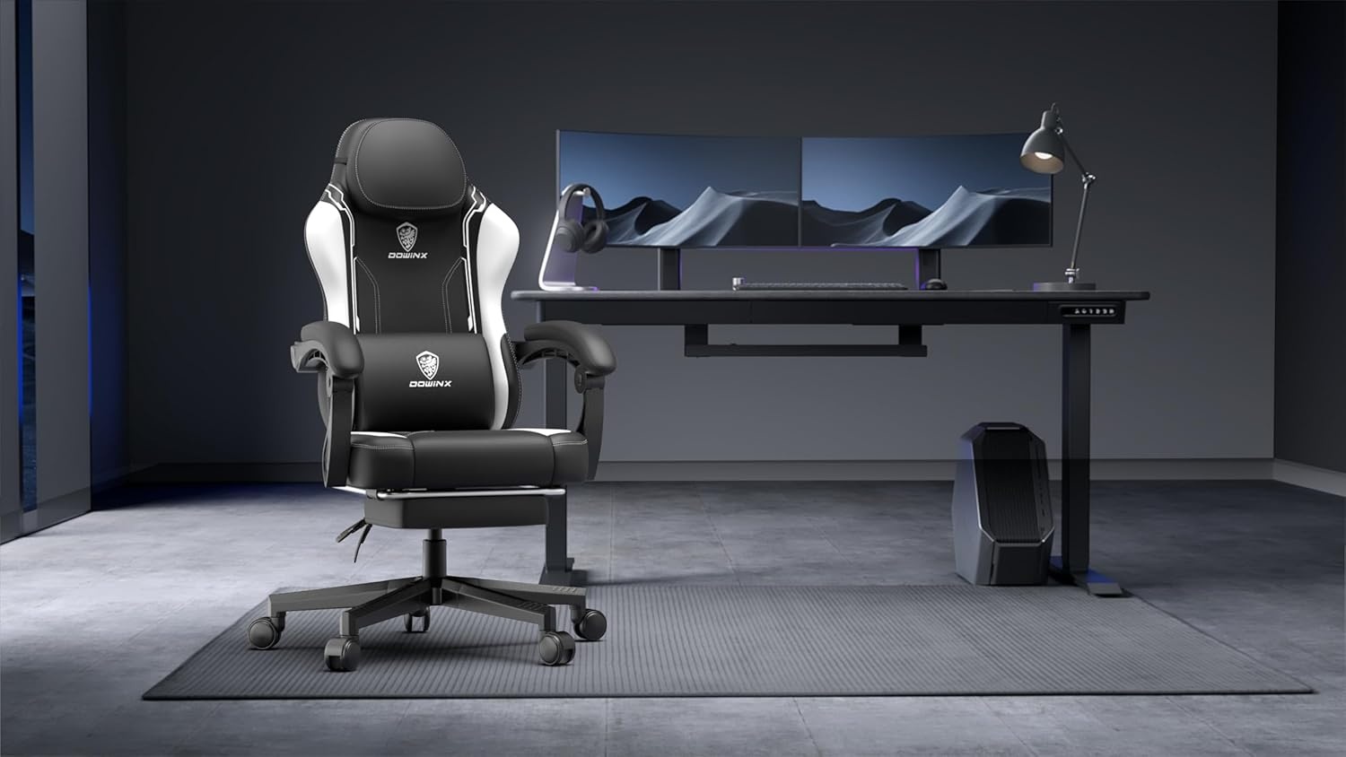 image:imageDowinx Gaming Chair with Pocket Spring Cushion for Adults Ergonomic Computer Chair with Footrest and Massage Lumbar Support High Back Leather Game Chair for Office Gaming 300LBS White