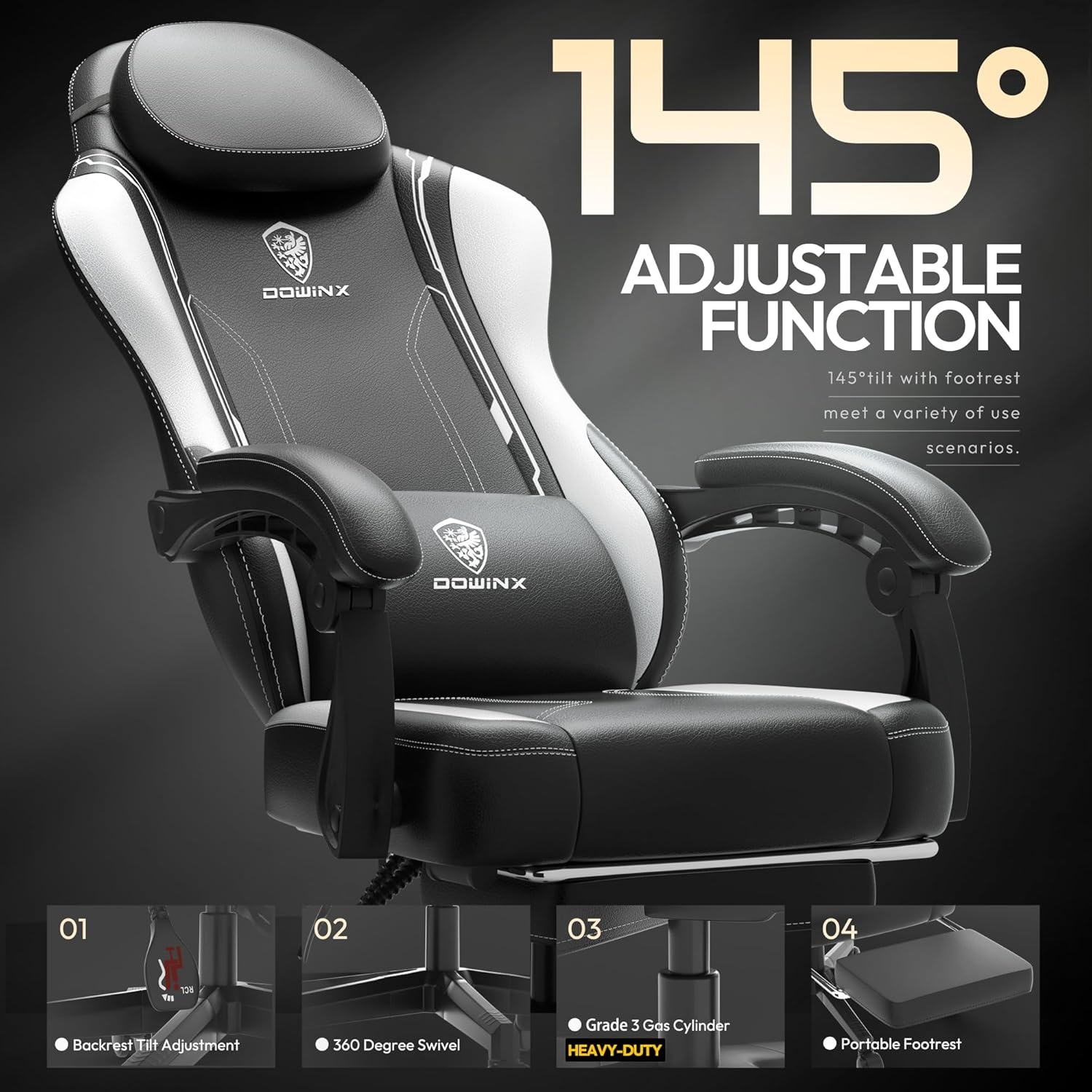 image:imageDowinx Gaming Chair with Pocket Spring Cushion for Adults Ergonomic Computer Chair with Footrest and Massage Lumbar Support High Back Leather Game Chair for Office Gaming 300LBS White