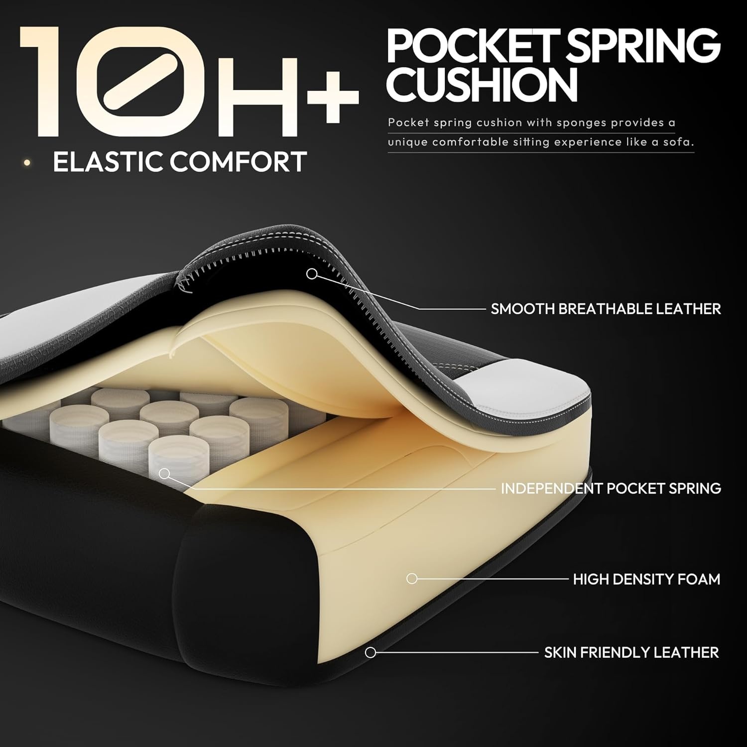 image:imageDowinx Gaming Chair with Pocket Spring Cushion for Adults Ergonomic Computer Chair with Footrest and Massage Lumbar Support High Back Leather Game Chair for Office Gaming 300LBS White